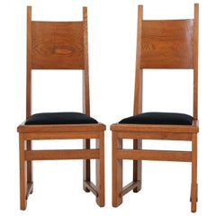 Pair of Oak Dutch Art Deco Haagse School High Back Chairs by Henk Wouda, 1920s