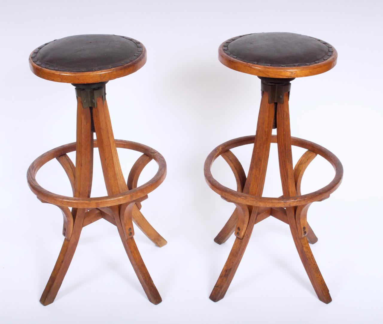 20th Century Pair of Oak & Leather Architect Swivel Stools with Heel Ring, Circa 1910  For Sale