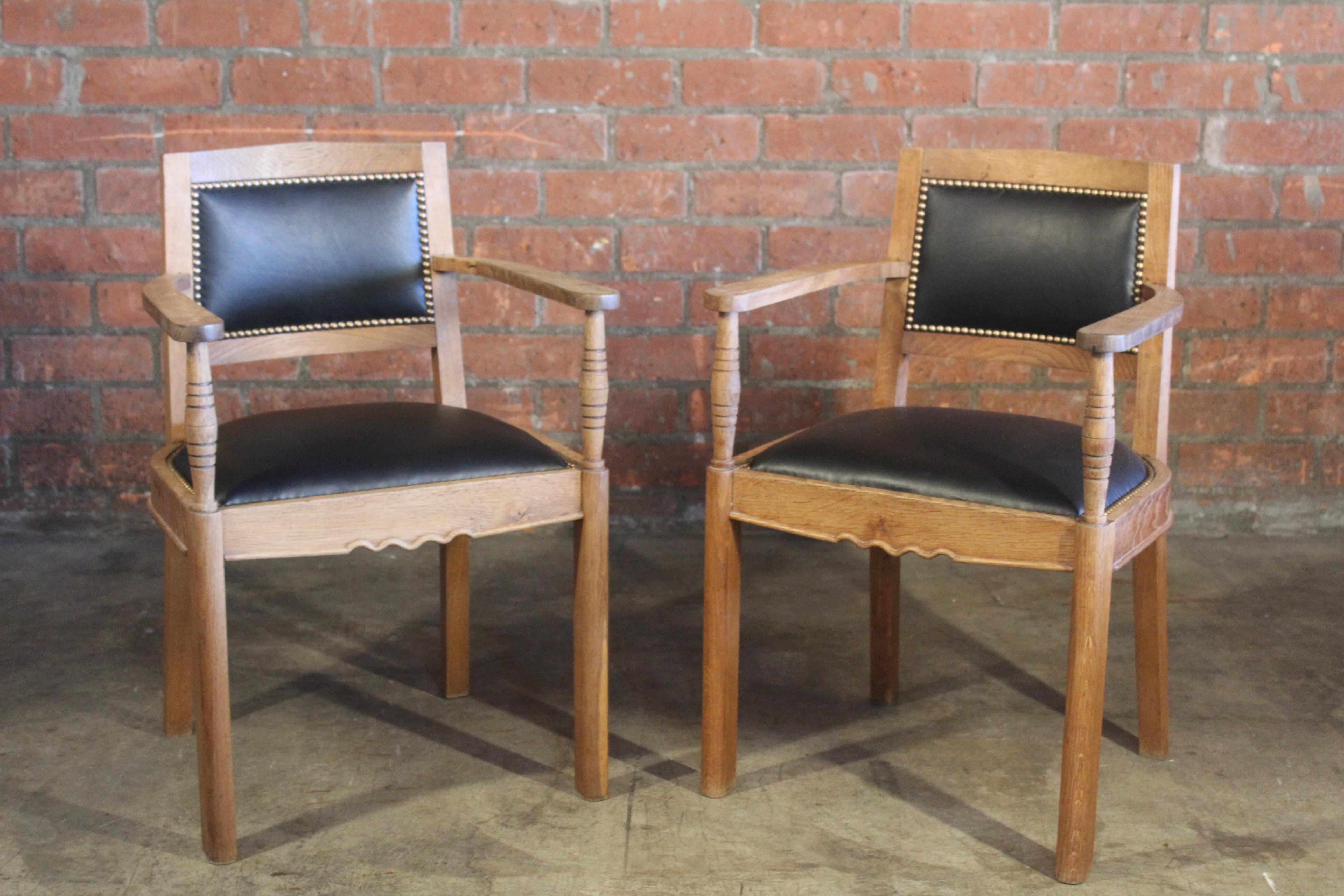 Pair of Oak & Leather Armchairs Attributed to Charles Dudoyt, France, 1940s 13