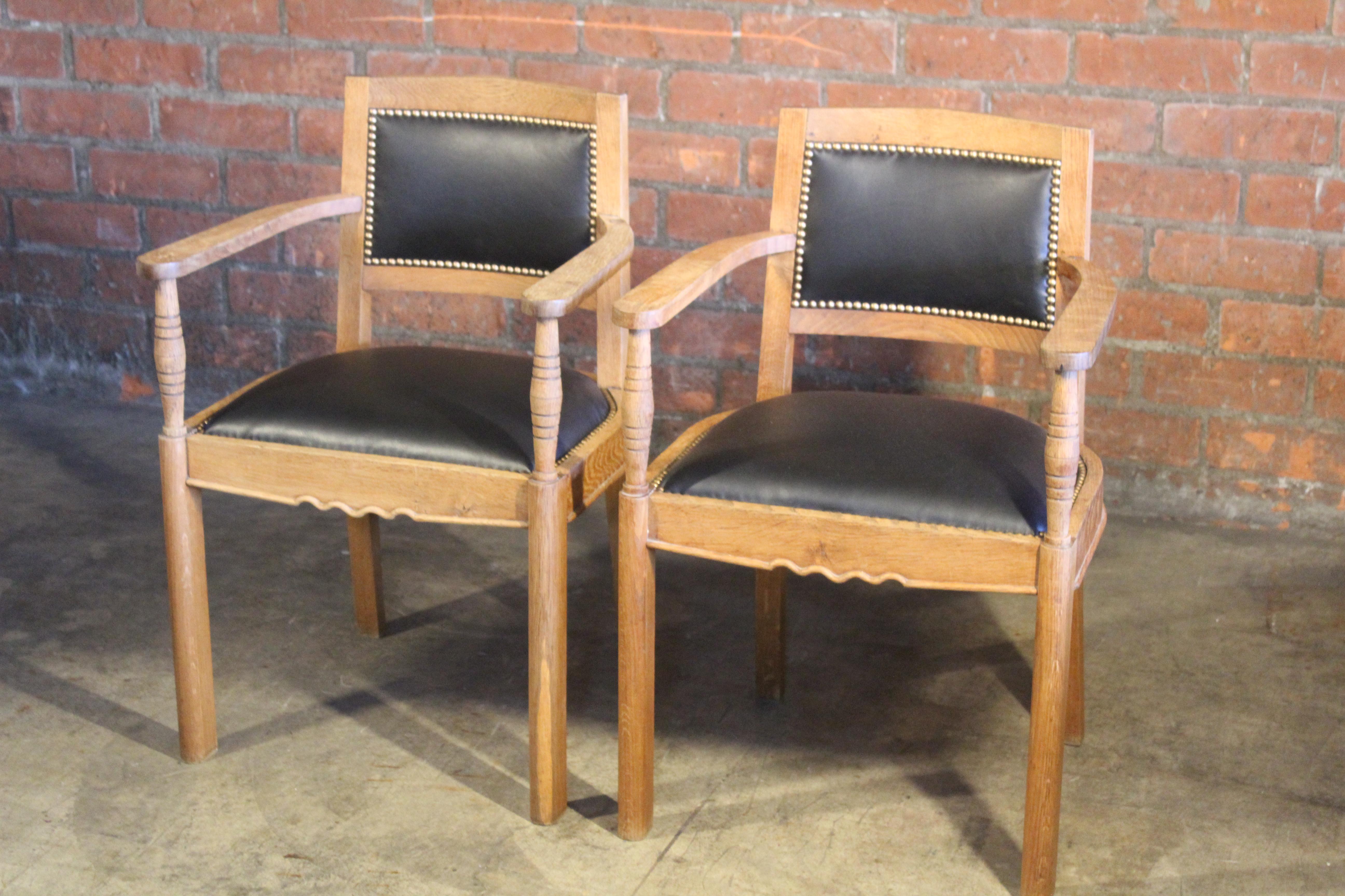 Mid-Century Modern Pair of Oak & Leather Armchairs Attributed to Charles Dudoyt, France, 1940s