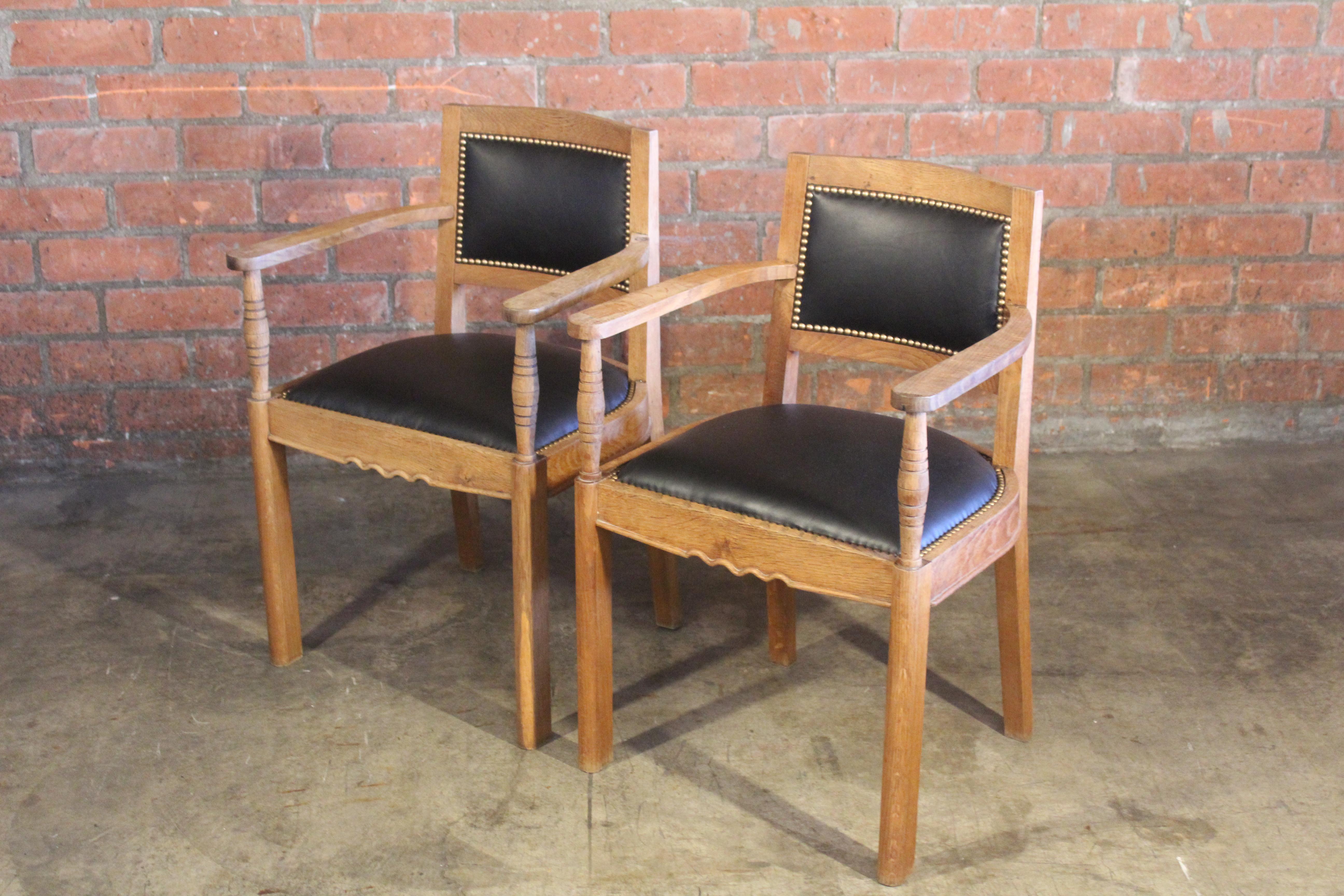Pair of Oak & Leather Armchairs Attributed to Charles Dudoyt, France, 1940s In Good Condition In Los Angeles, CA