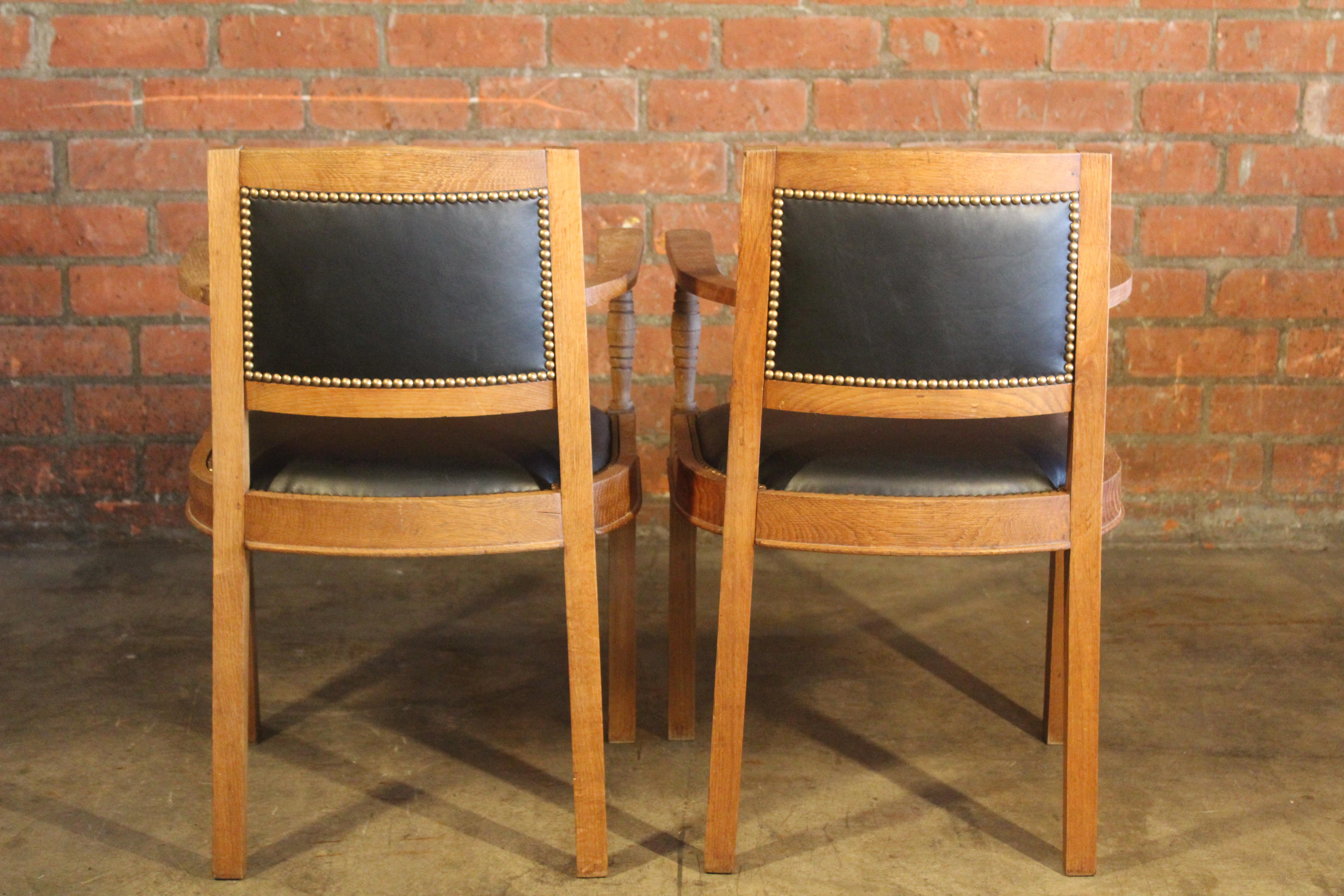 Pair of Oak & Leather Armchairs Attributed to Charles Dudoyt, France, 1940s 1