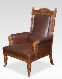 Pair of Oak Leather Upholstered Library Armchairs
