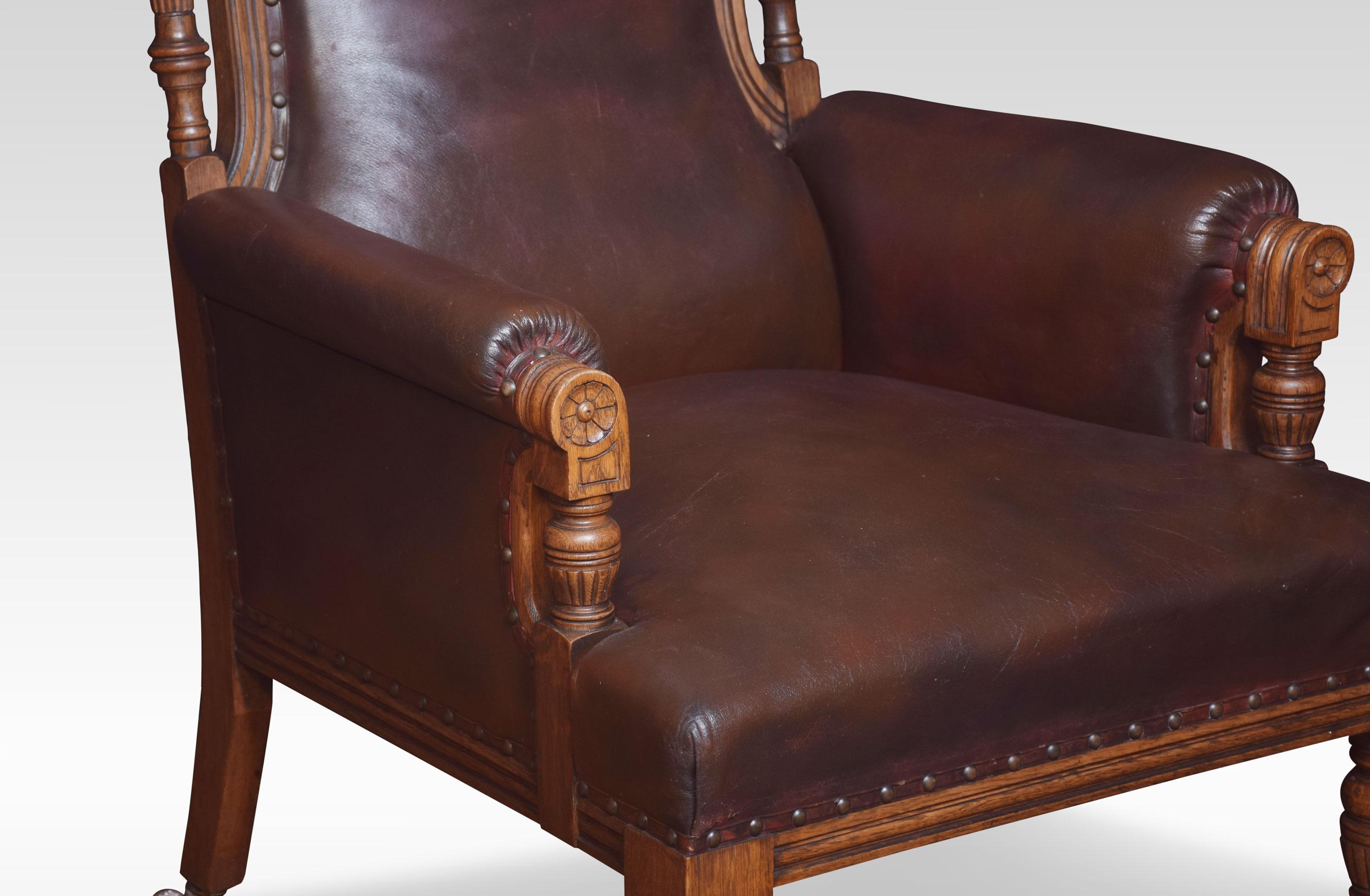Pair of Oak Leather Upholstered Library Armchairs In Good Condition For Sale In Cheshire, GB