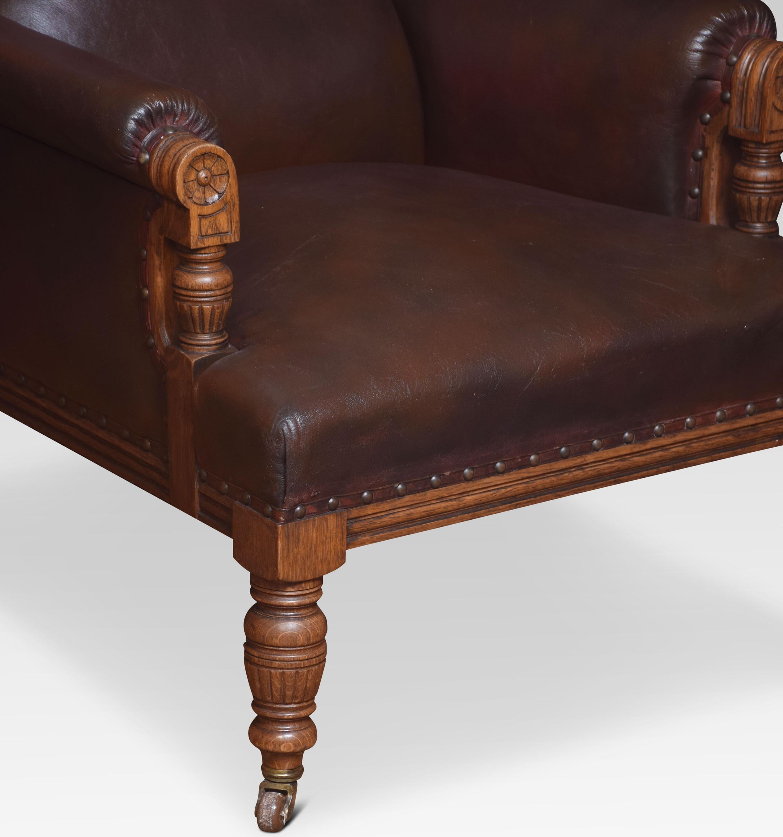19th Century Pair of Oak Leather Upholstered Library Armchairs For Sale