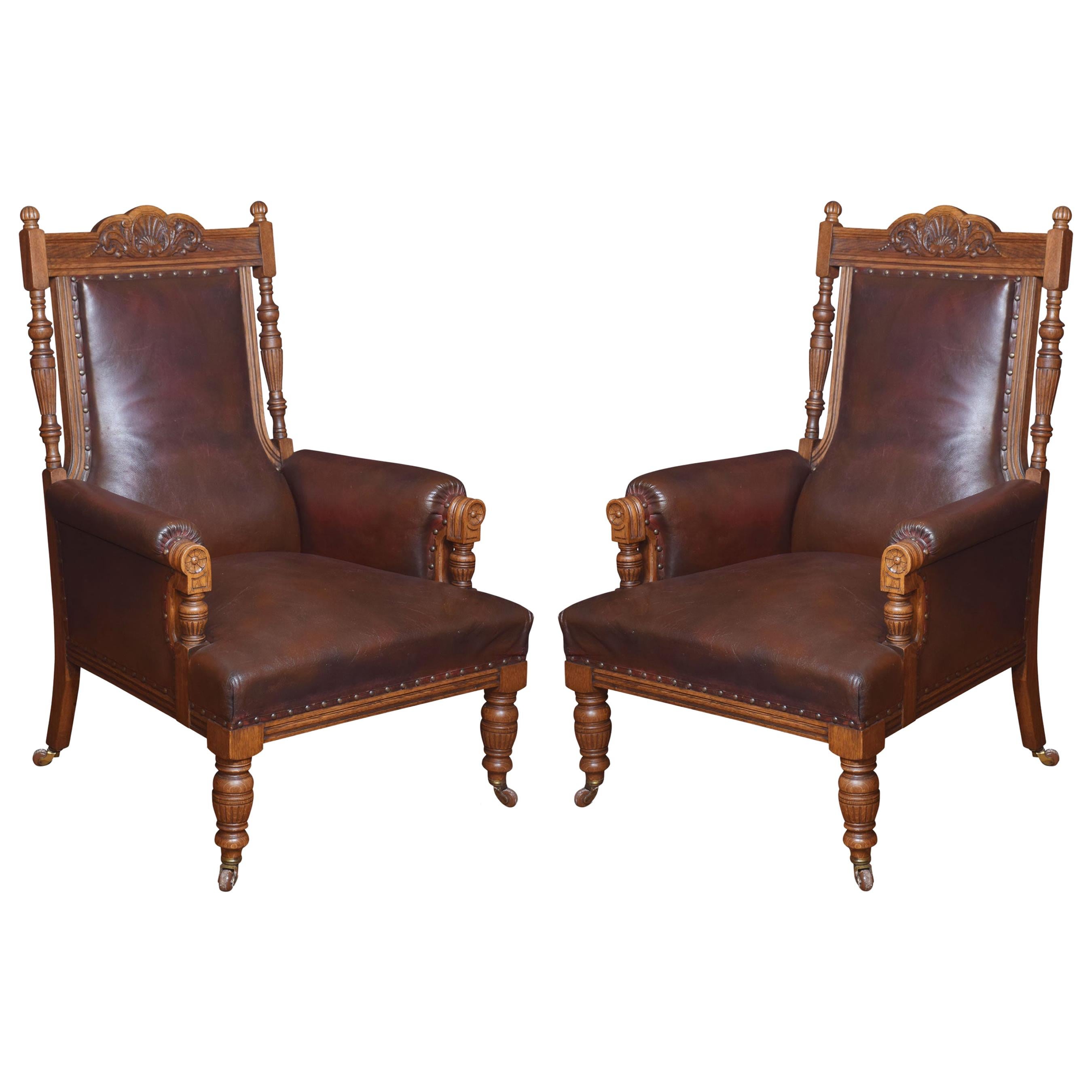 Pair of Oak Leather Upholstered Library Armchairs