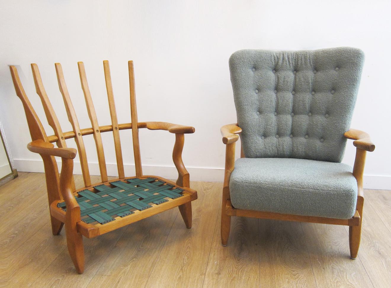 Pair of oak lounge chairs by Guillerme et Chambron, France 1960
This model is a mid repos 
Sculptural organic shape, finger back 
Retains a beautiful warm patina
These chairs are newly upholstered with a teal/green chenille and new webbing 
In stock