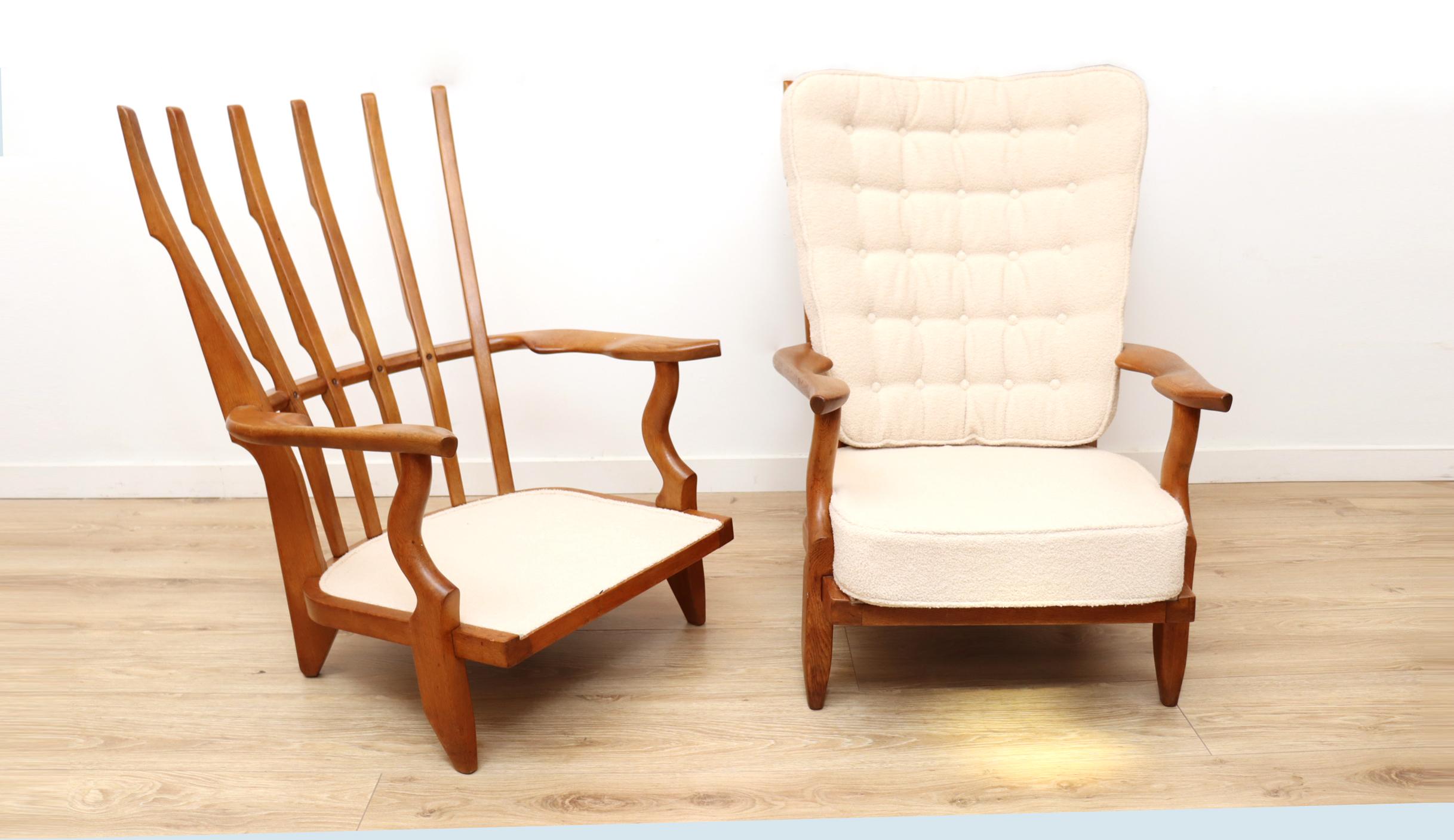 French Pair of Oak Lounge Chairs Grand Repos by Guillerme et Chambron, France 1950 For Sale
