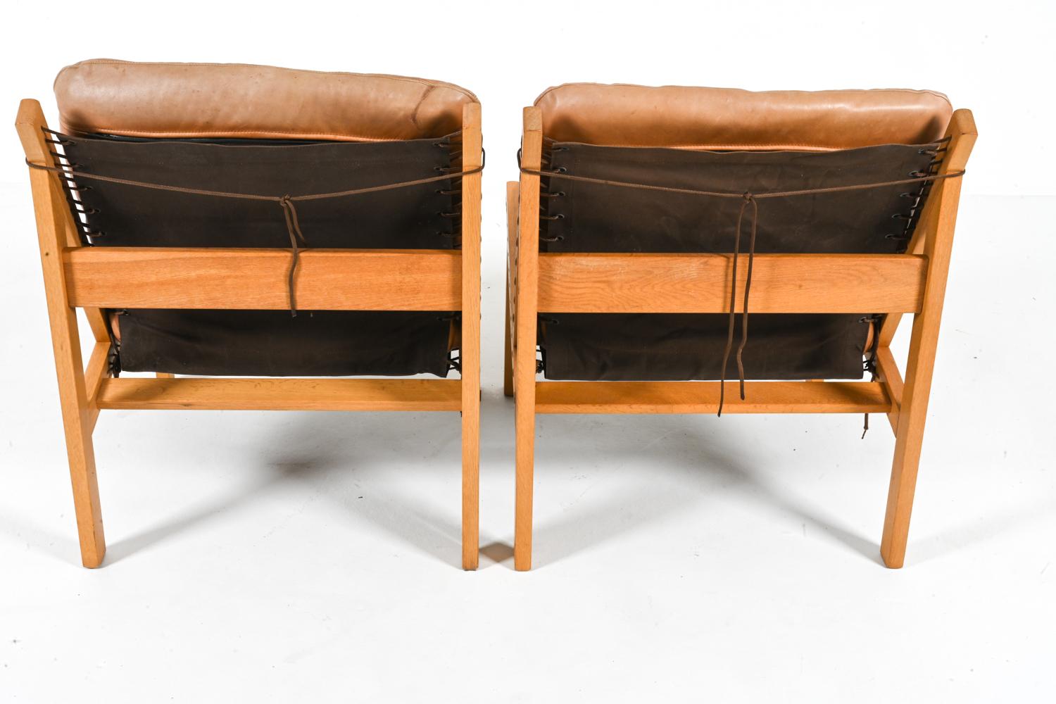 Leather Pair of Oak 'Hunter' Lounge Chairs by Torbjørn Afdal for Bruksbo, Norway, 1960's For Sale