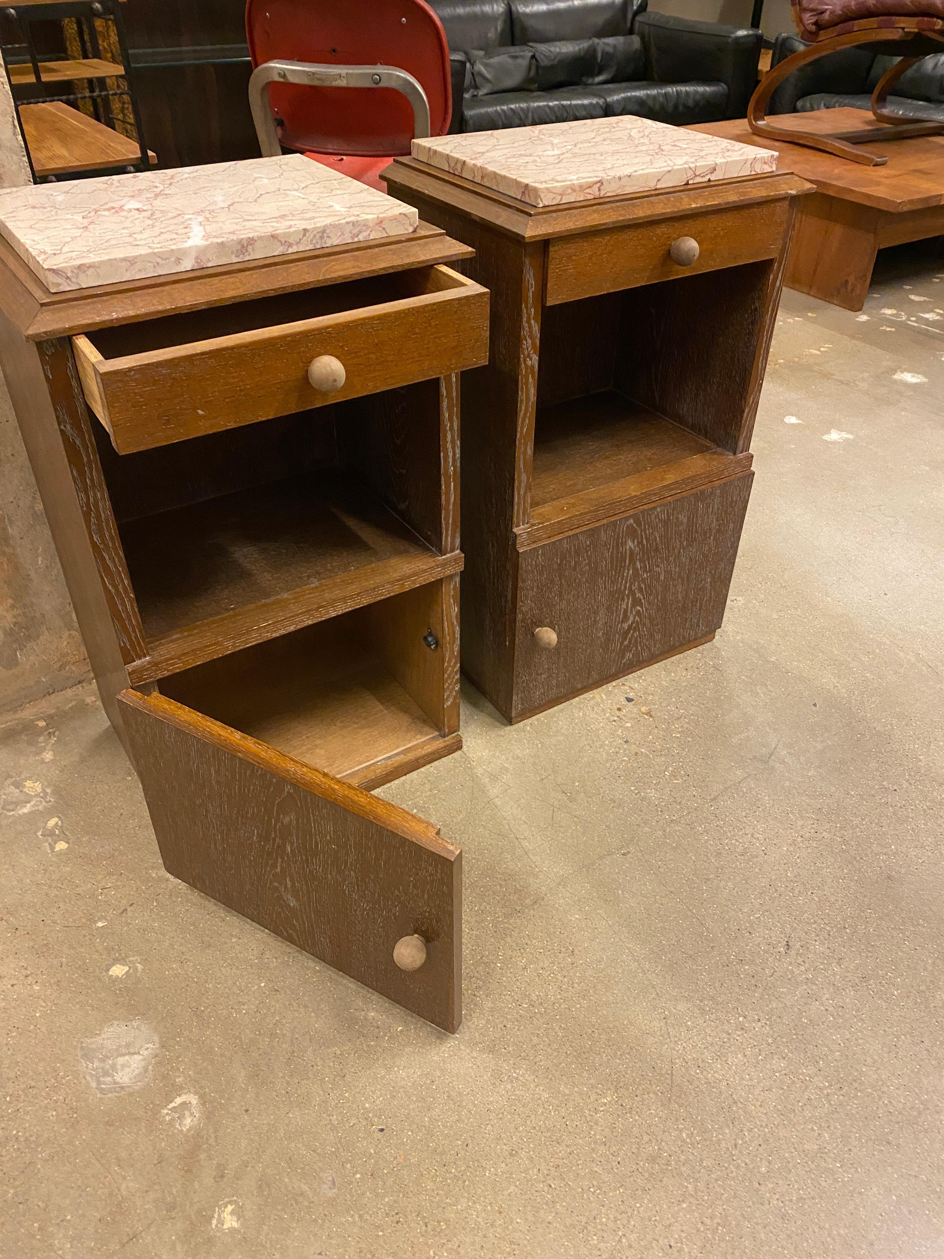 Cerused Pair of Oak & Marble Nightstands, France, 1930-40's