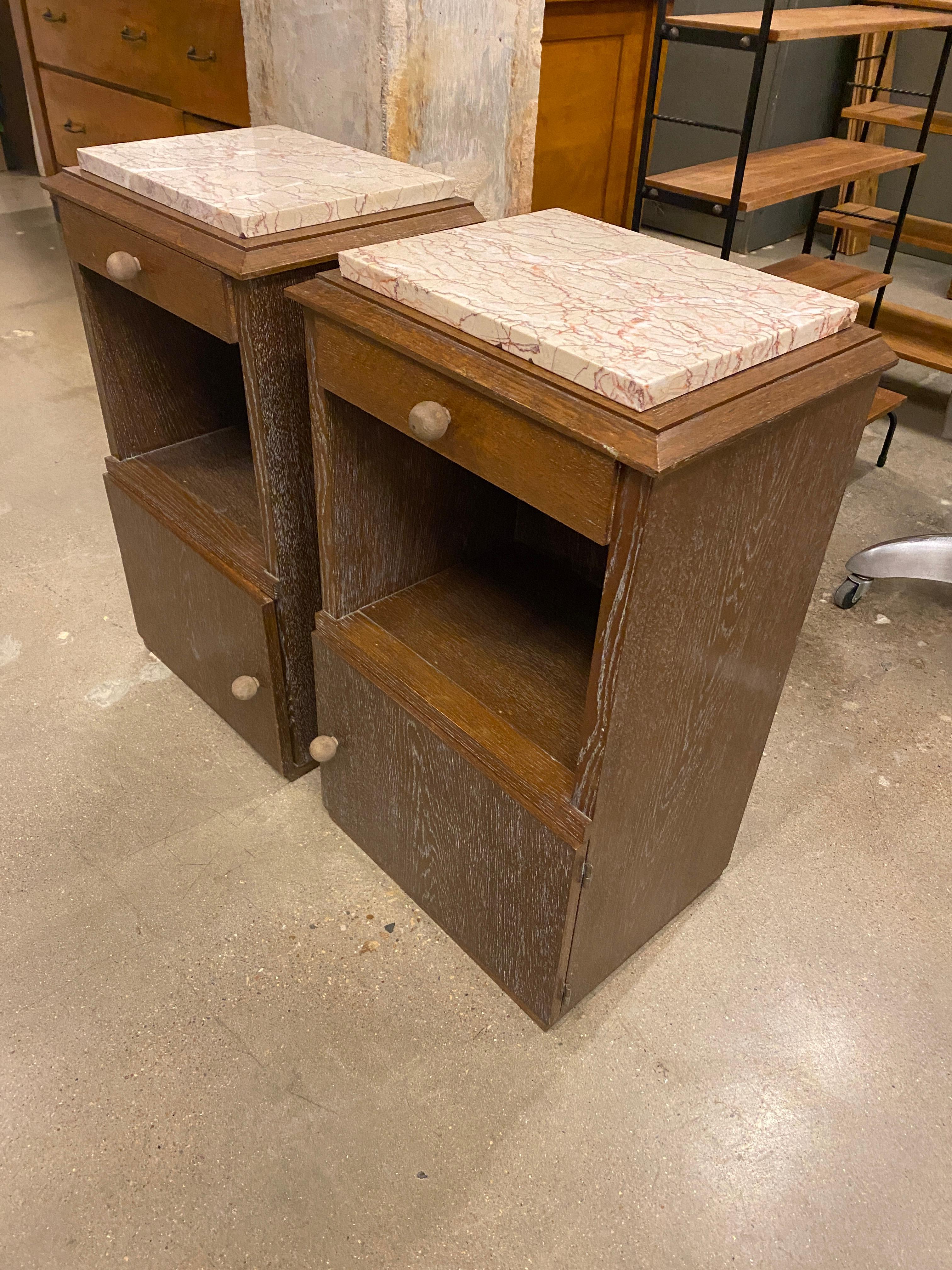 Pair of Oak & Marble Nightstands, France, 1930-40's In Good Condition In Austin, TX