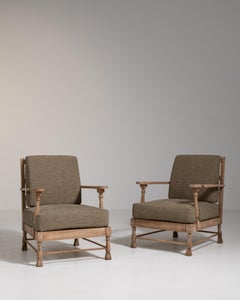 Pair of Oak Mid-Century Modern Upholstered Armchairs, France, 1970-1979