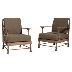 Pair of Oak Mid-Century Modern Upholstered Armchairs, France, 1970-1979