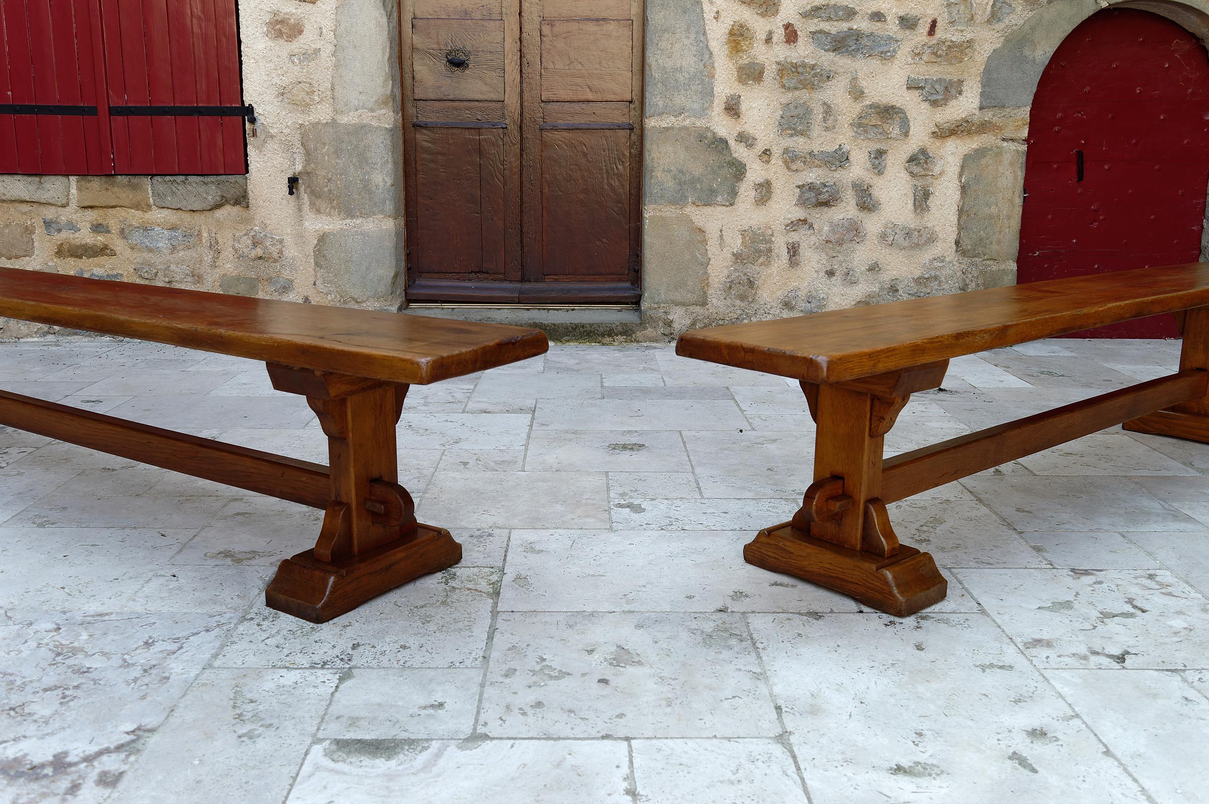 Pair of oak monastic community benches, France, early 20th century For Sale 7
