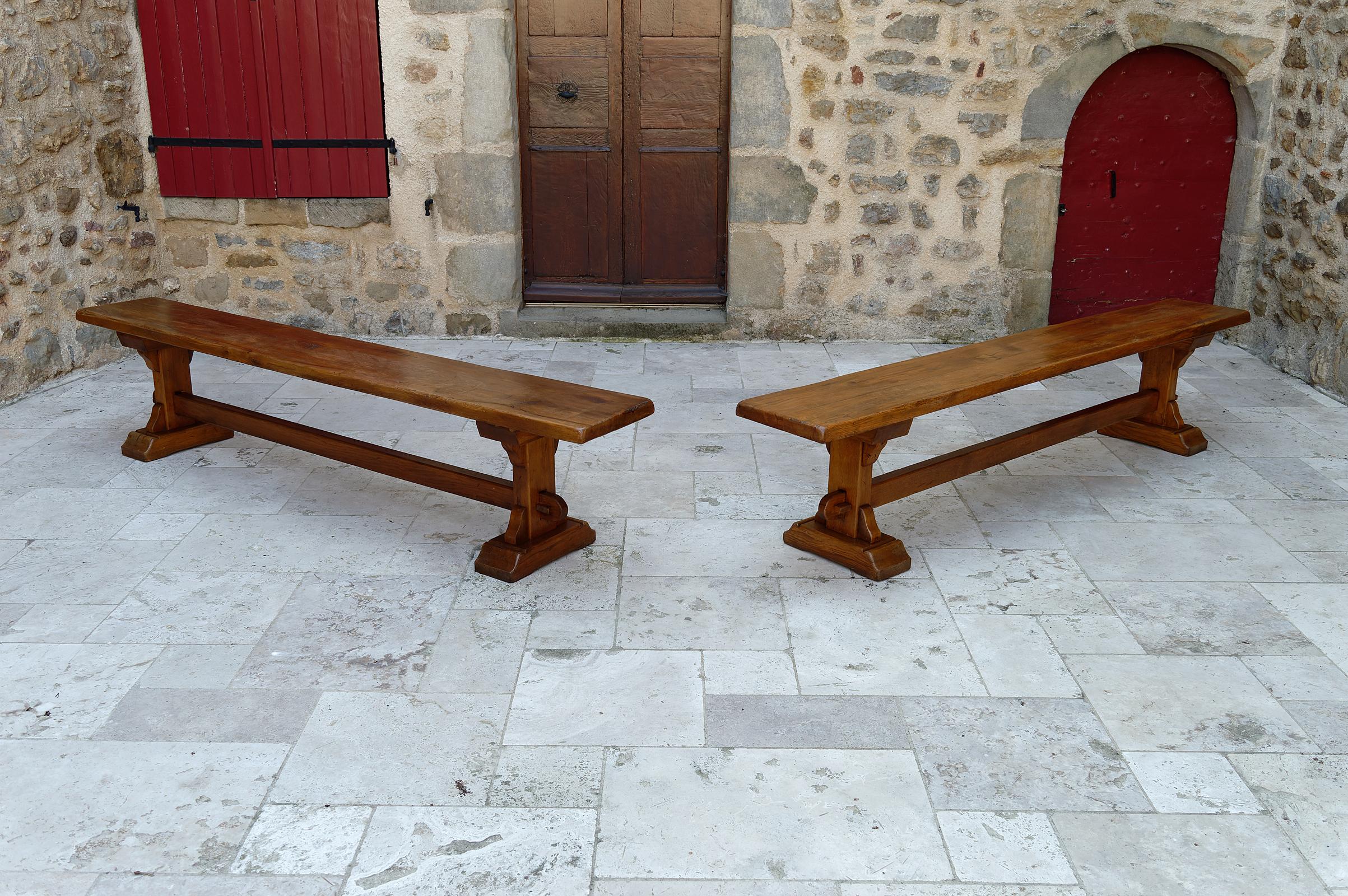 French Provincial Pair of oak monastic community benches, France, early 20th century For Sale