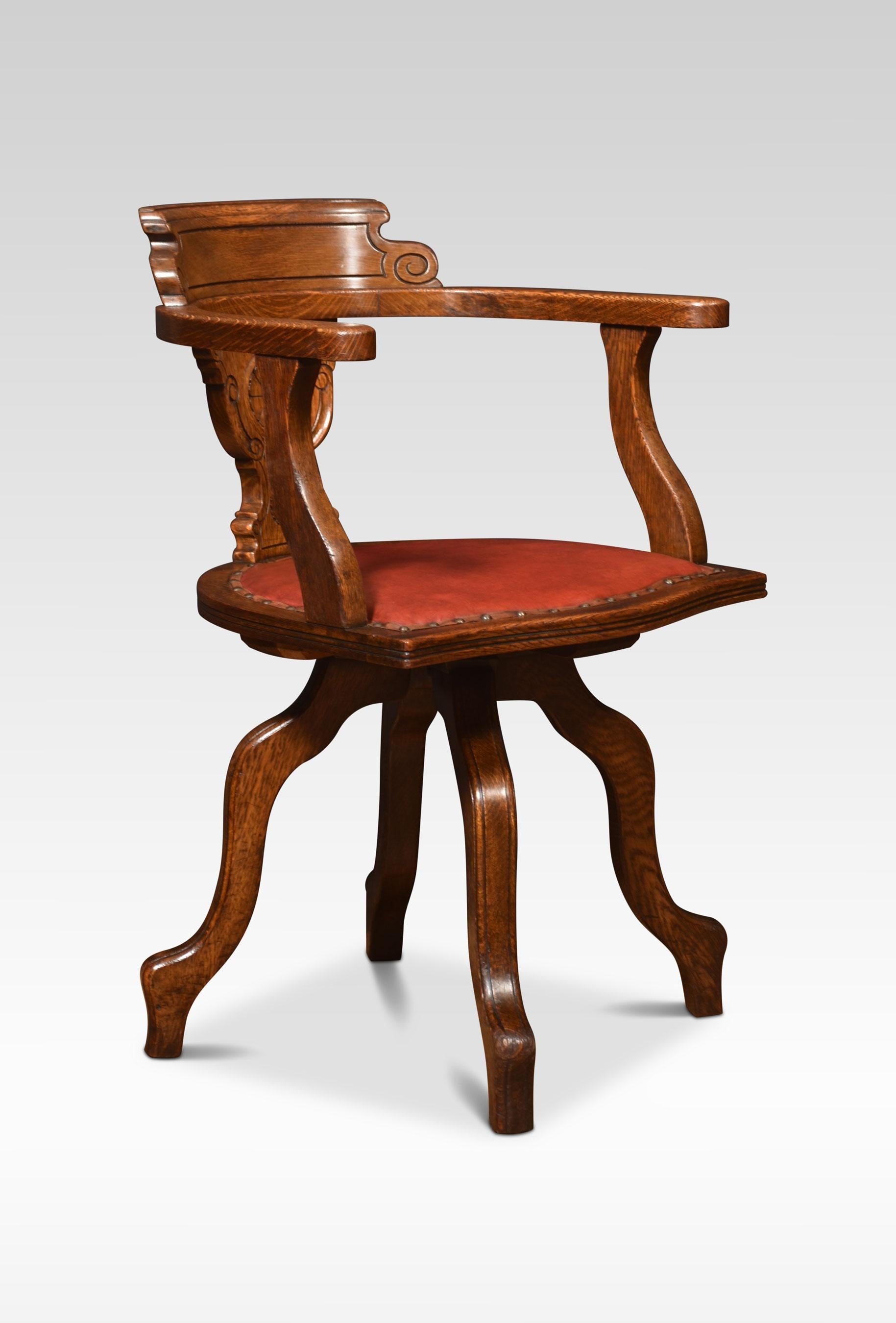 Pair of oak office / captain’s oak revolving office chairs with carved shaped back and open arms above a solid oak seat with leather cushion. All raised up on four cabriole legs.
Dimensions
Height 34.5 Inches height to seat 20.5 Inches
Width 23.5