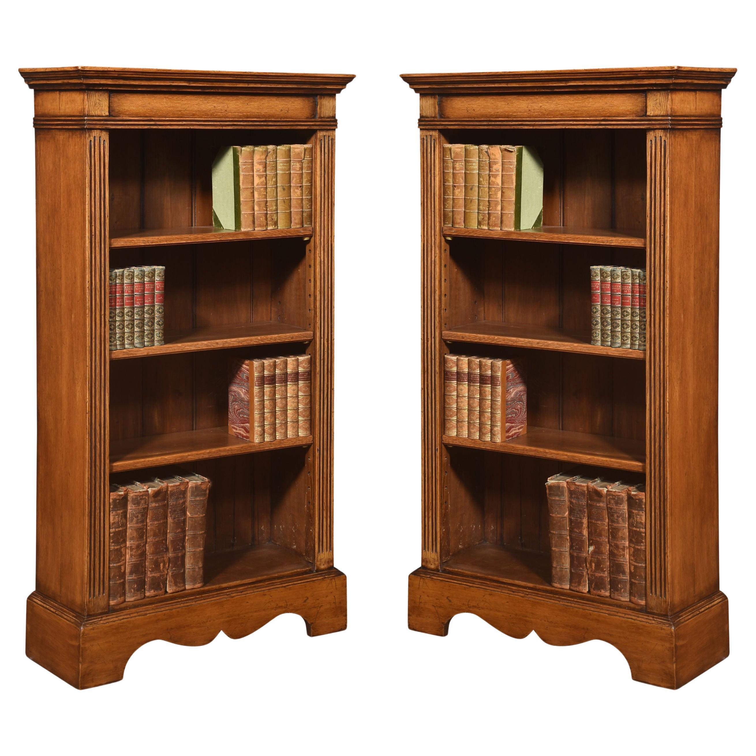 Pair of oak open bookcases For Sale