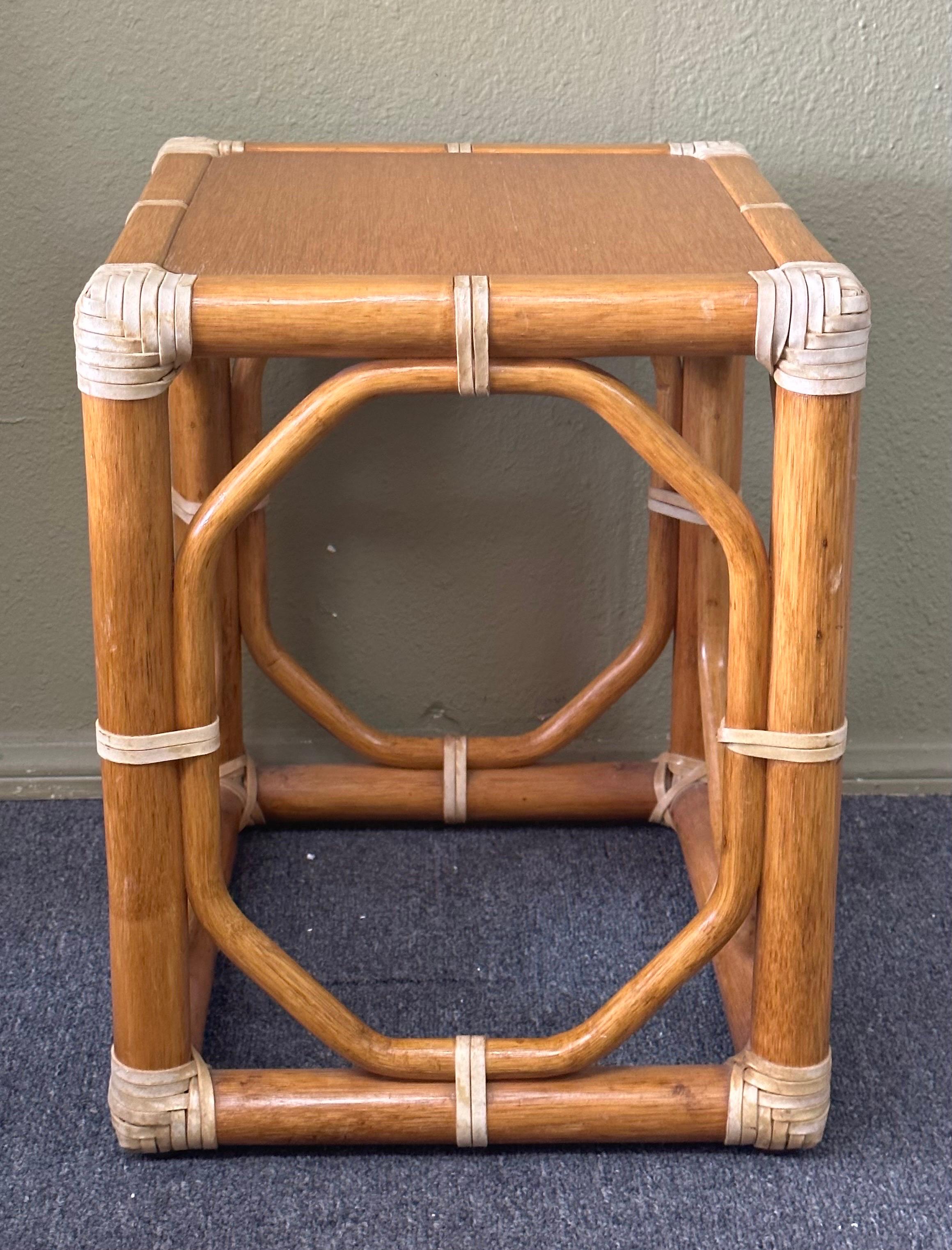 Pair of  Oak & Rattan Side Tables / Stools by McGuire Furniture Co. 3