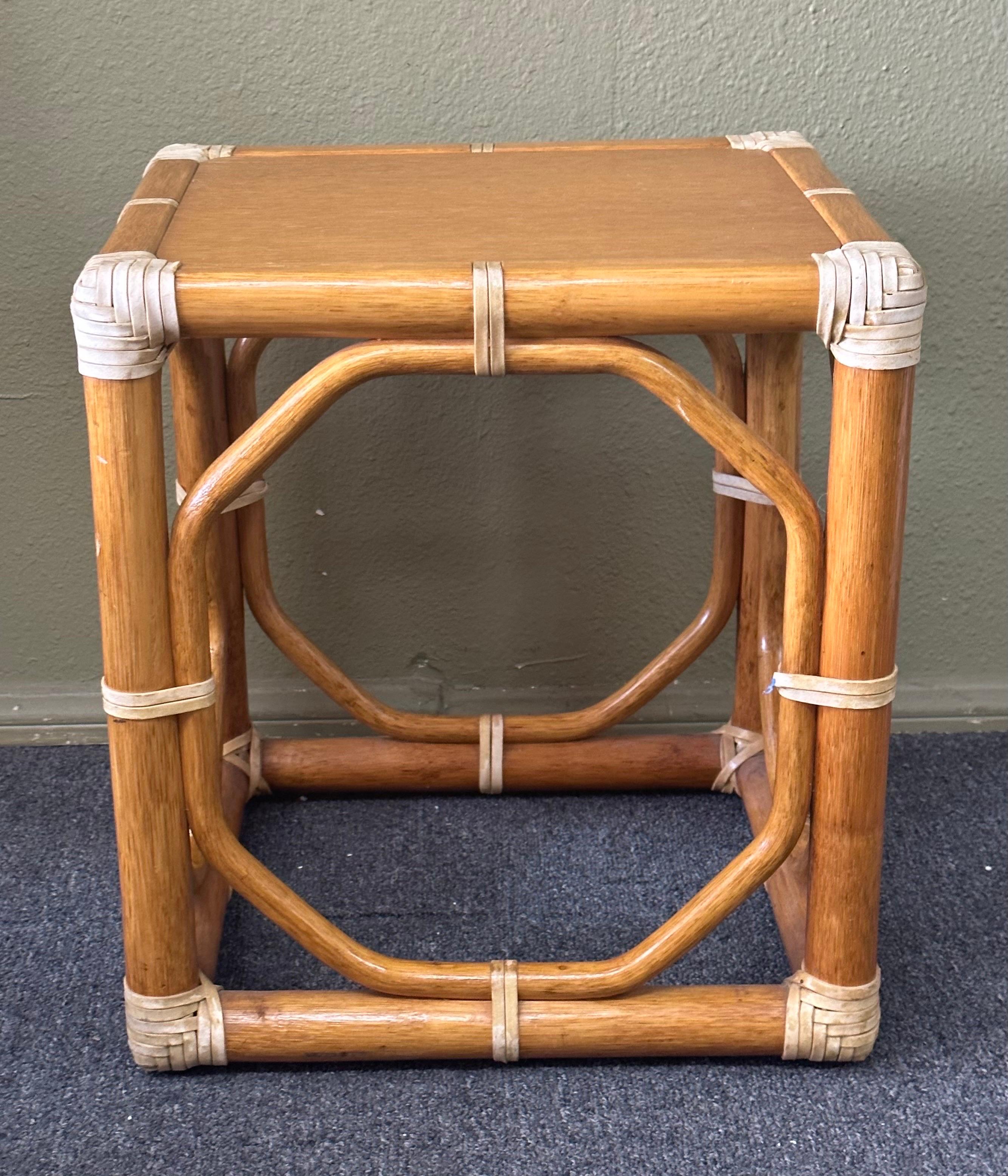 Pair of  Oak & Rattan Side Tables / Stools by McGuire Furniture Co.  For Sale 4