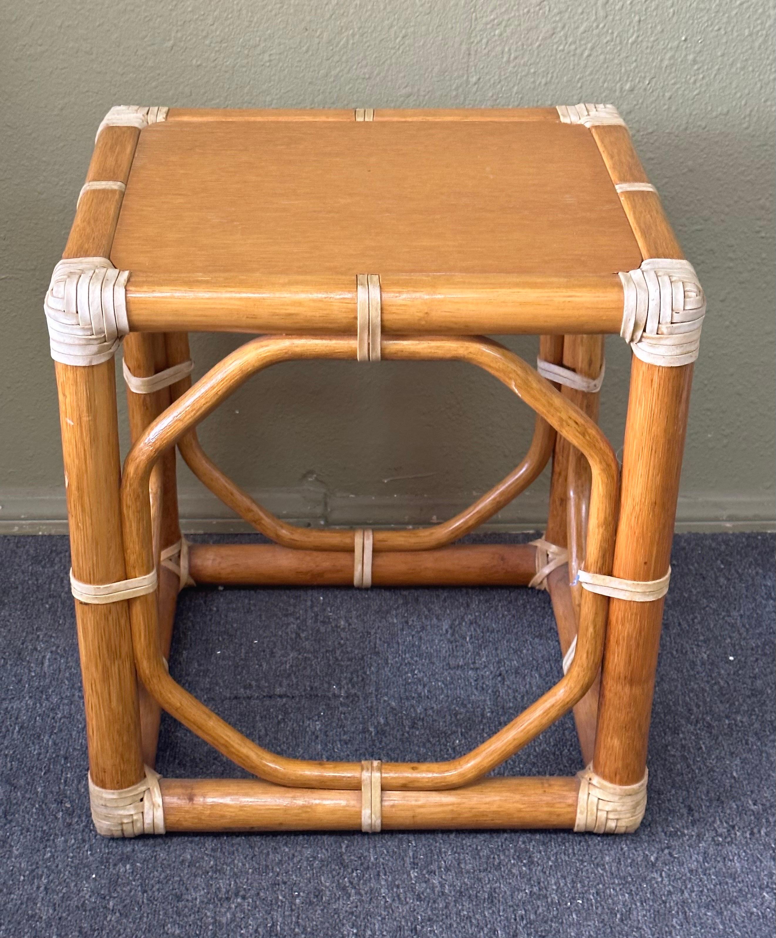 Pair of  Oak & Rattan Side Tables / Stools by McGuire Furniture Co.  For Sale 10