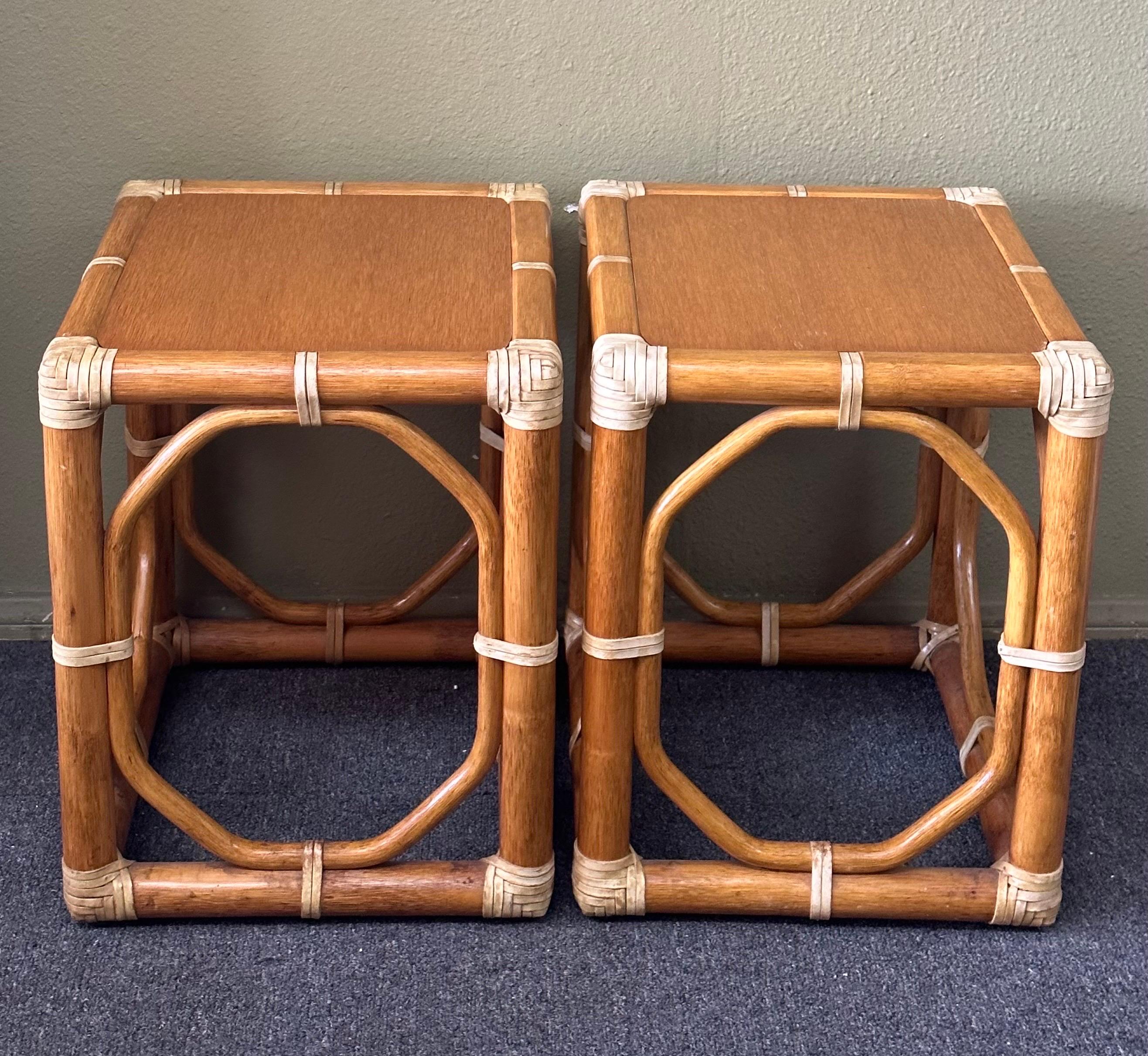 Pair of  Oak & Rattan Side Tables / Stools by McGuire Furniture Co.  For Sale 11