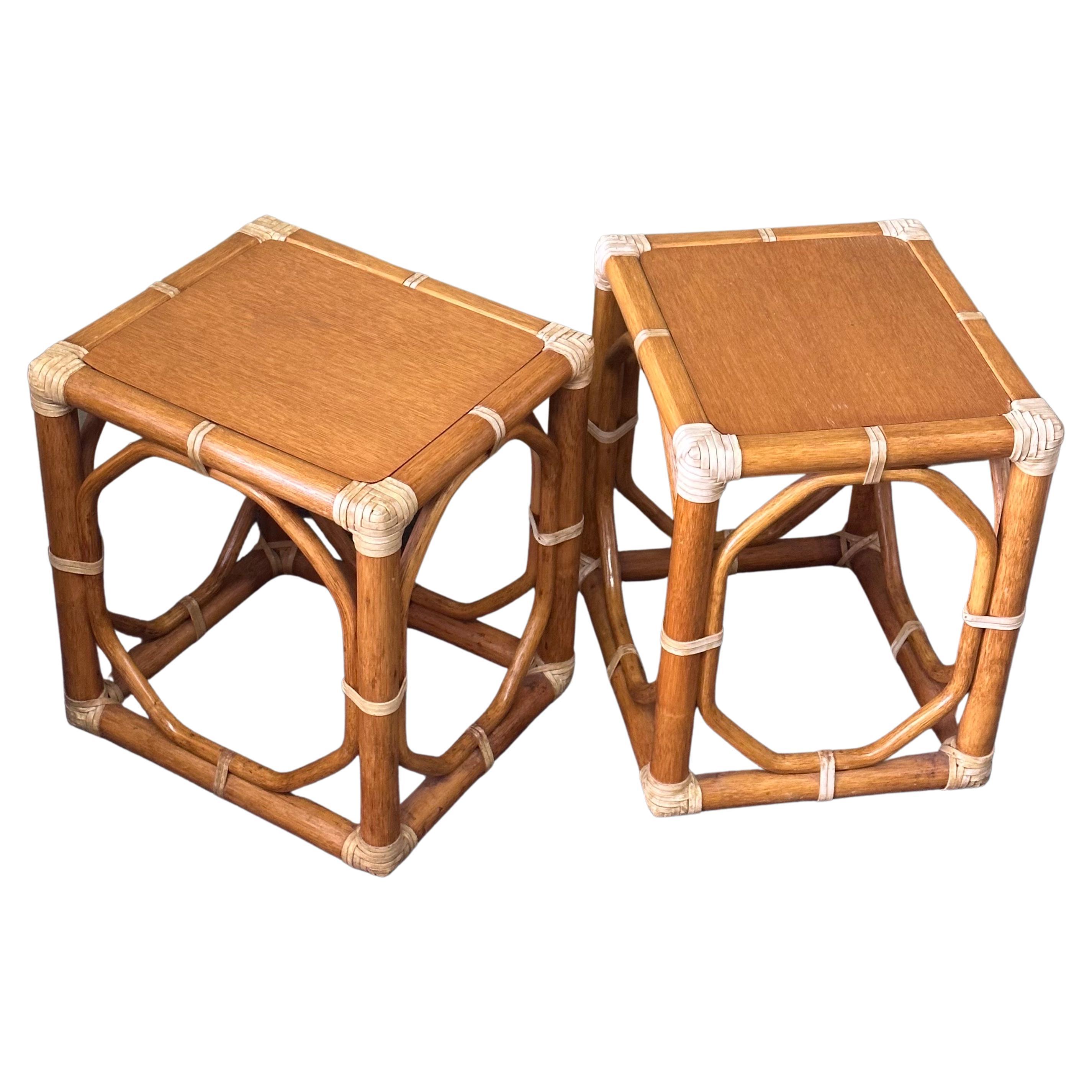 Pair of  Oak & Rattan Side Tables / Stools by McGuire Furniture Co.  For Sale 12
