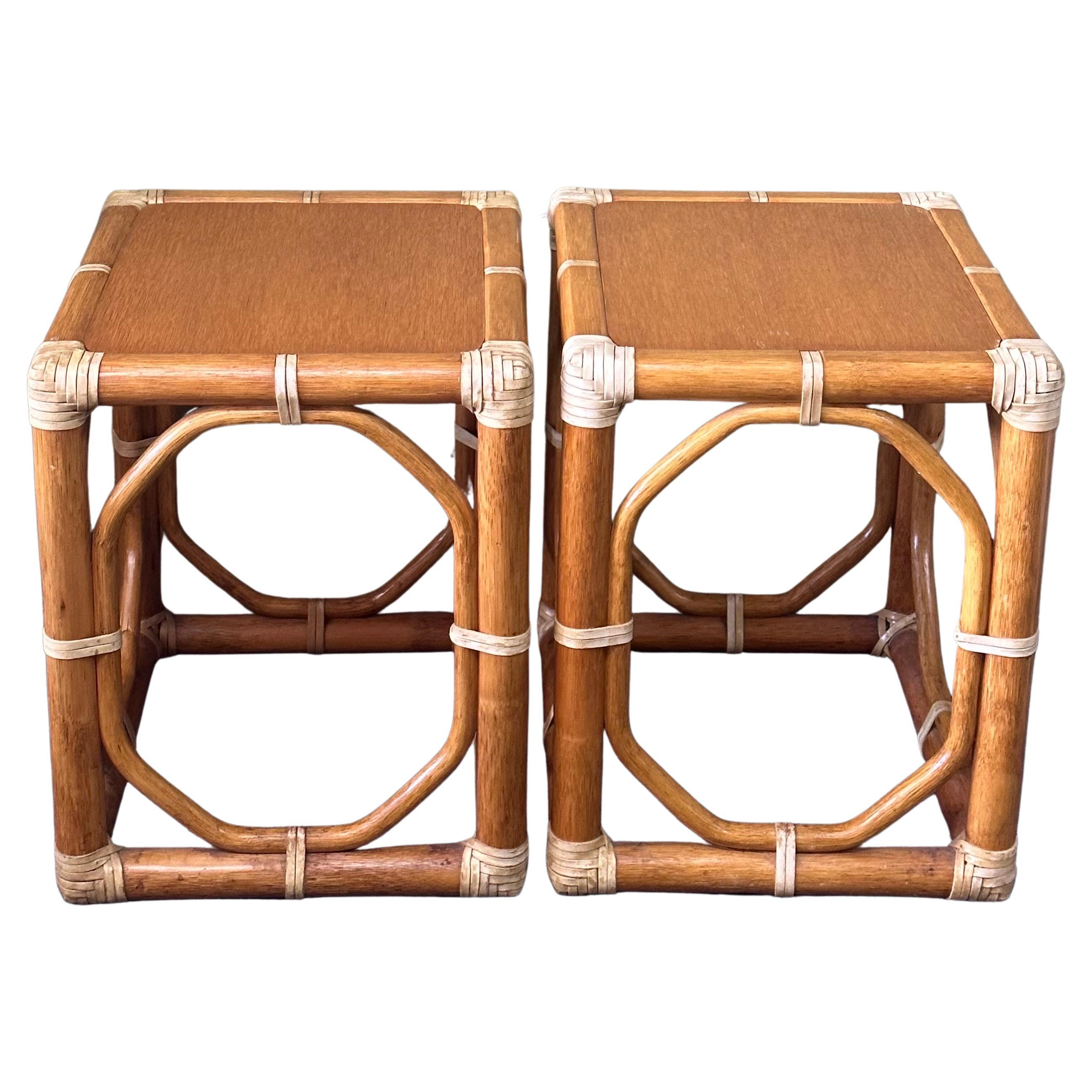 Organic Modern Pair of  Oak & Rattan Side Tables / Stools by McGuire Furniture Co.