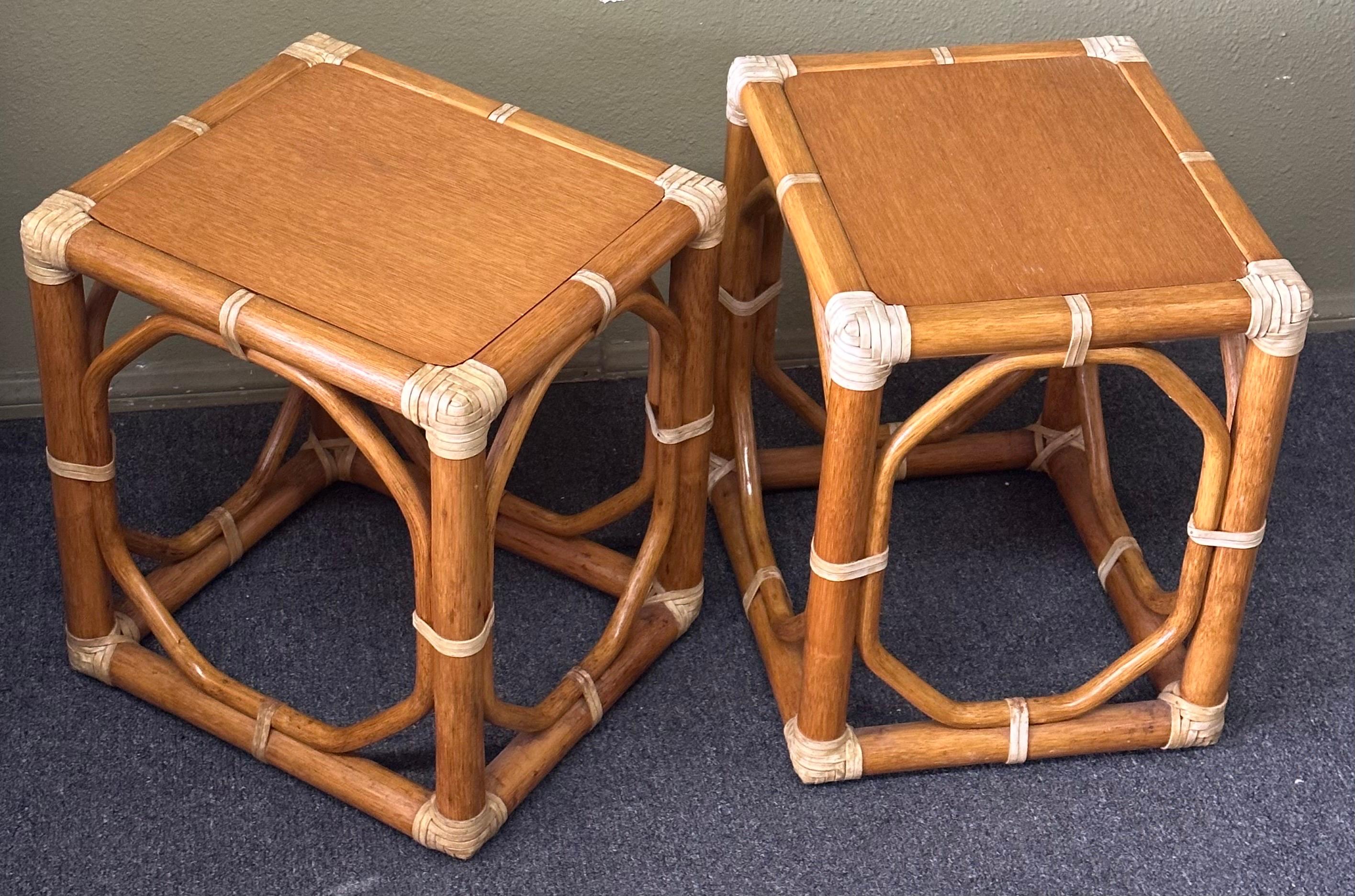 Pair of  Oak & Rattan Side Tables / Stools by McGuire Furniture Co. In Good Condition In San Diego, CA