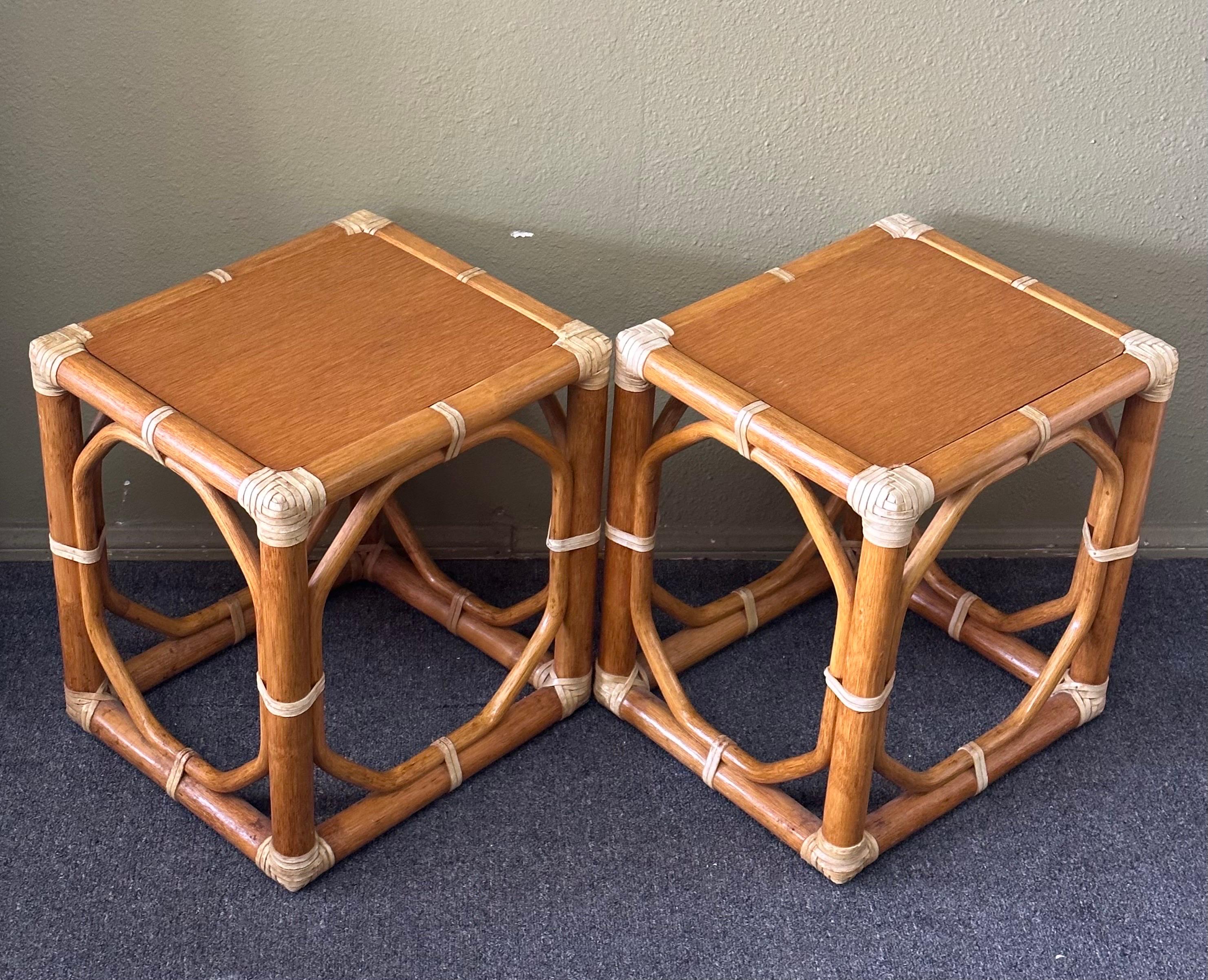 Leather Pair of  Oak & Rattan Side Tables / Stools by McGuire Furniture Co.  For Sale