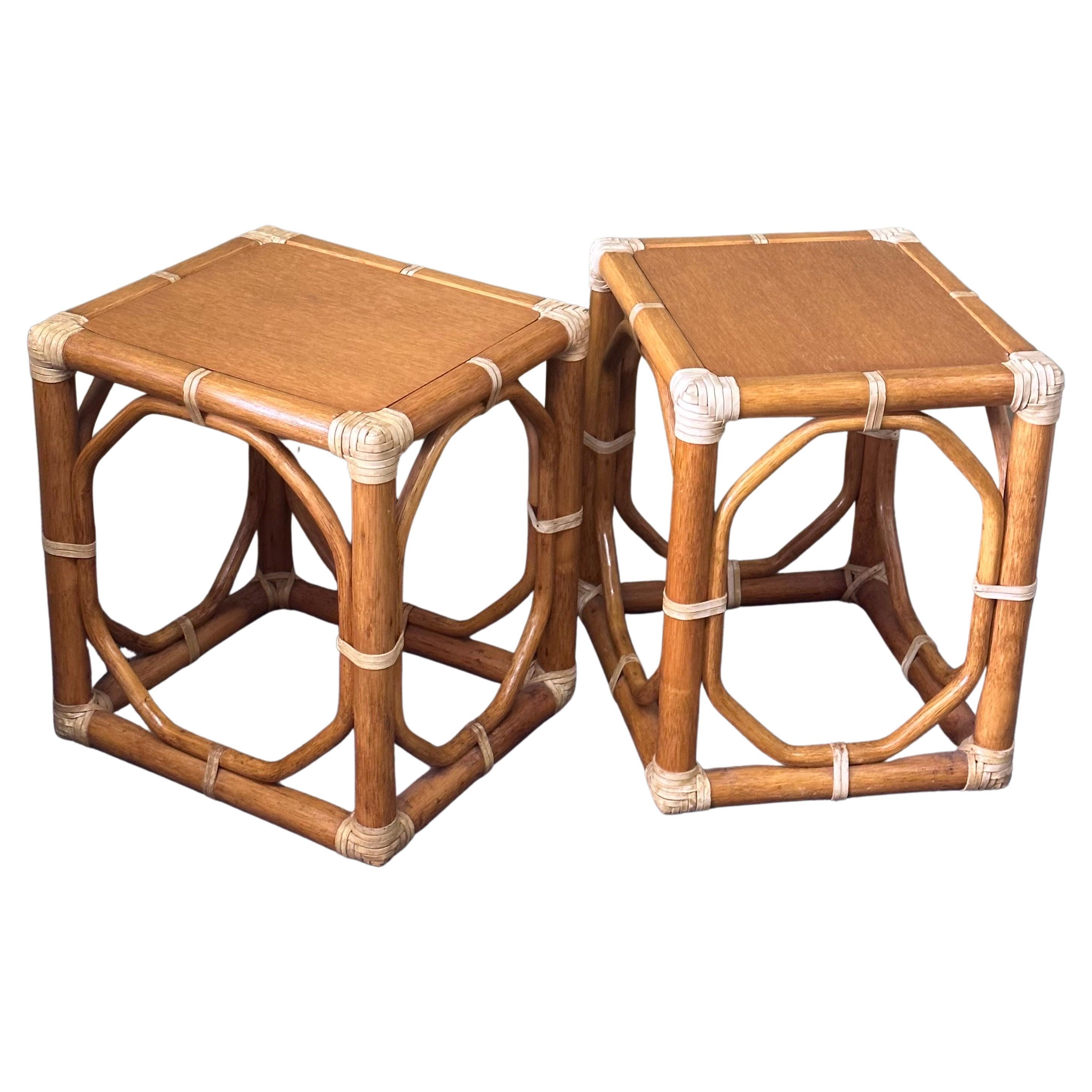 Pair of  Oak & Rattan Side Tables / Stools by McGuire Furniture Co.  For Sale