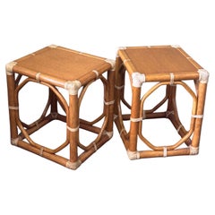 Pair of  Oak & Rattan Side Tables / Stools by McGuire Furniture Co. 