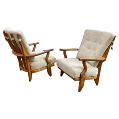 Pair of oak " Repos" lounge chairs Guillerme et Chambron, France 1950's
