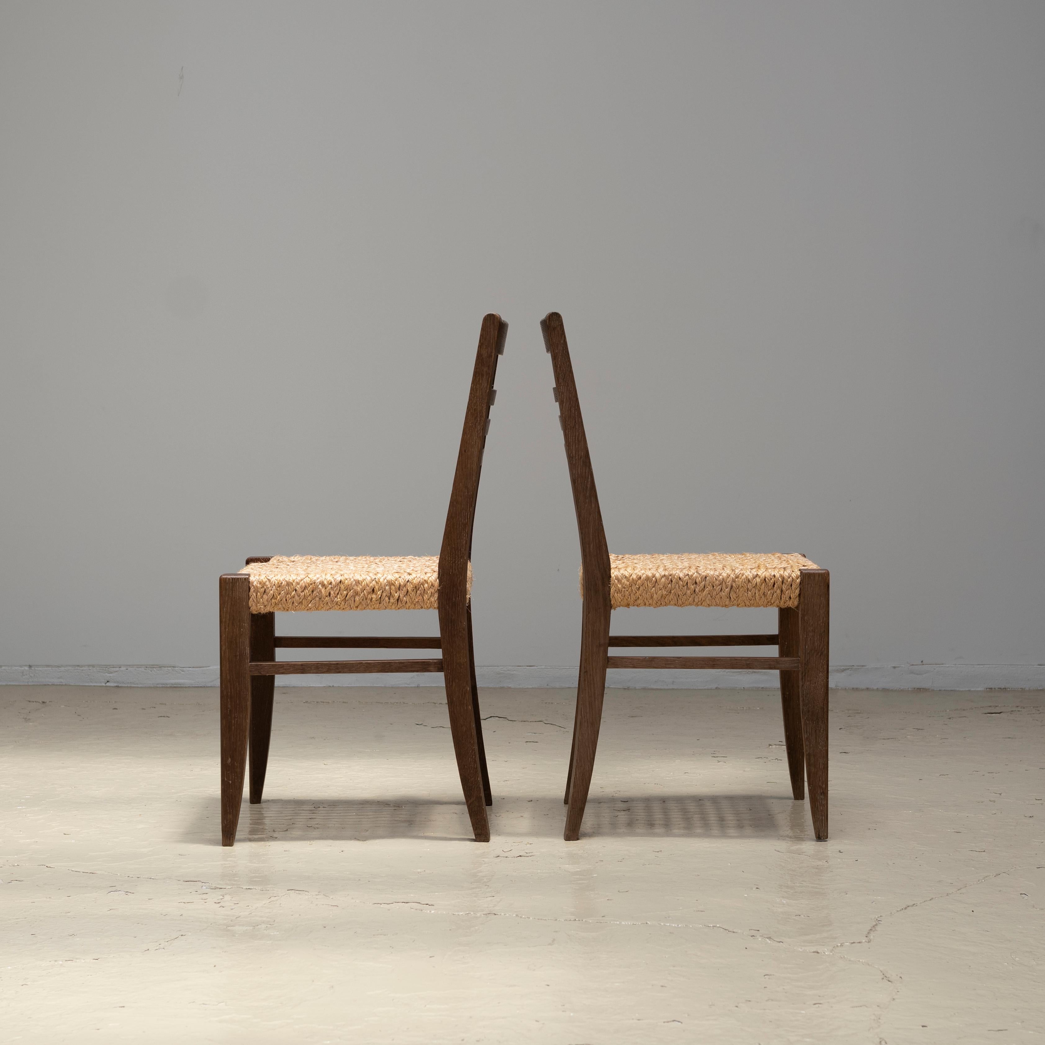 French Pair of Oak & Rope Dining Chairs, Audoux & Minet, 1950s For Sale