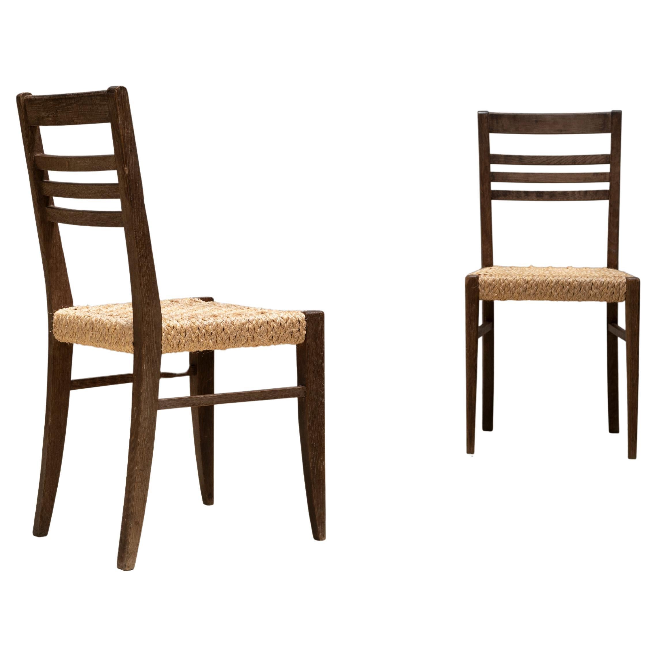 Pair of Oak & Rope Dining Chairs, Audoux & Minet, 1950s