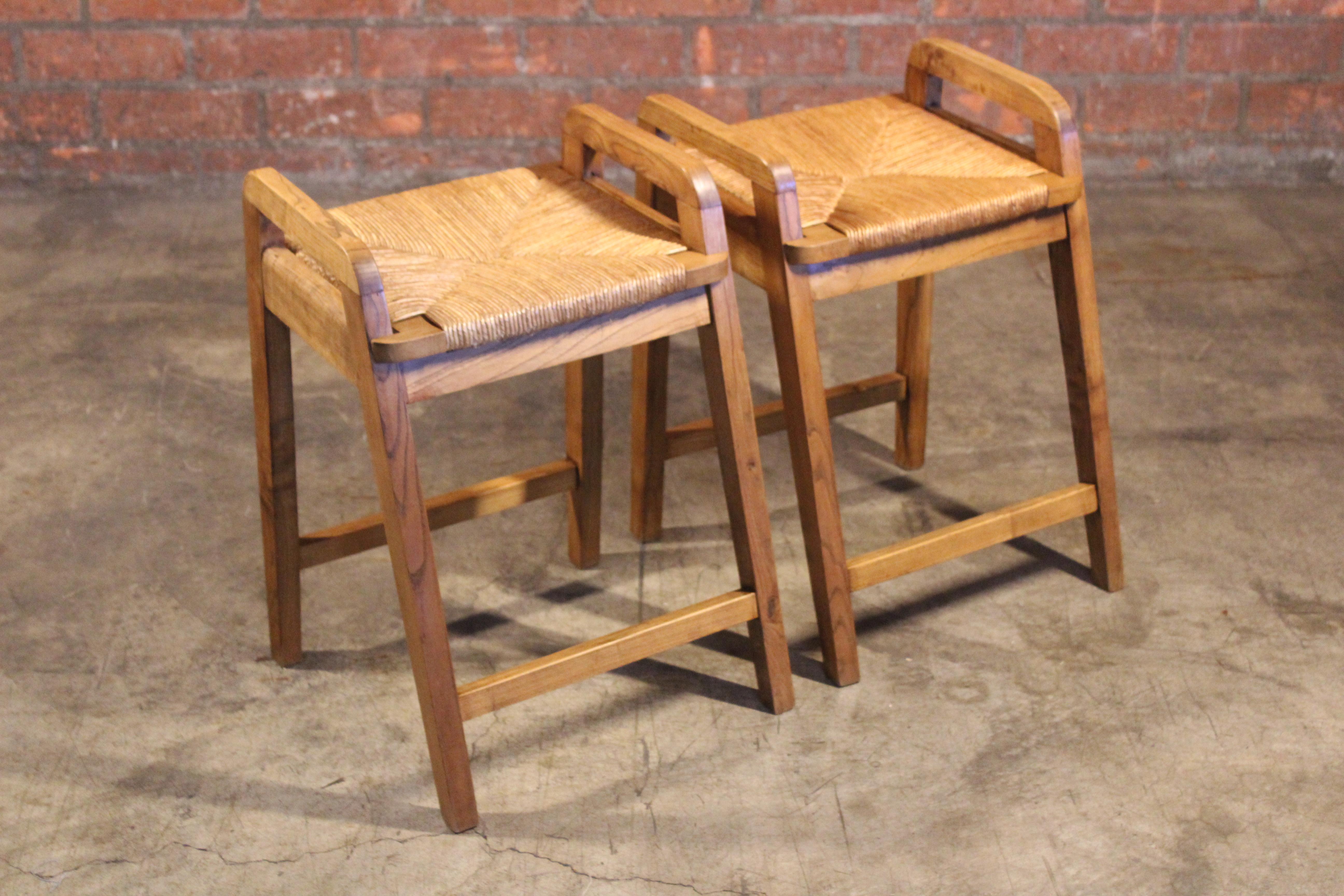 French Pair of Oak & Rush Stools, France, 1950s