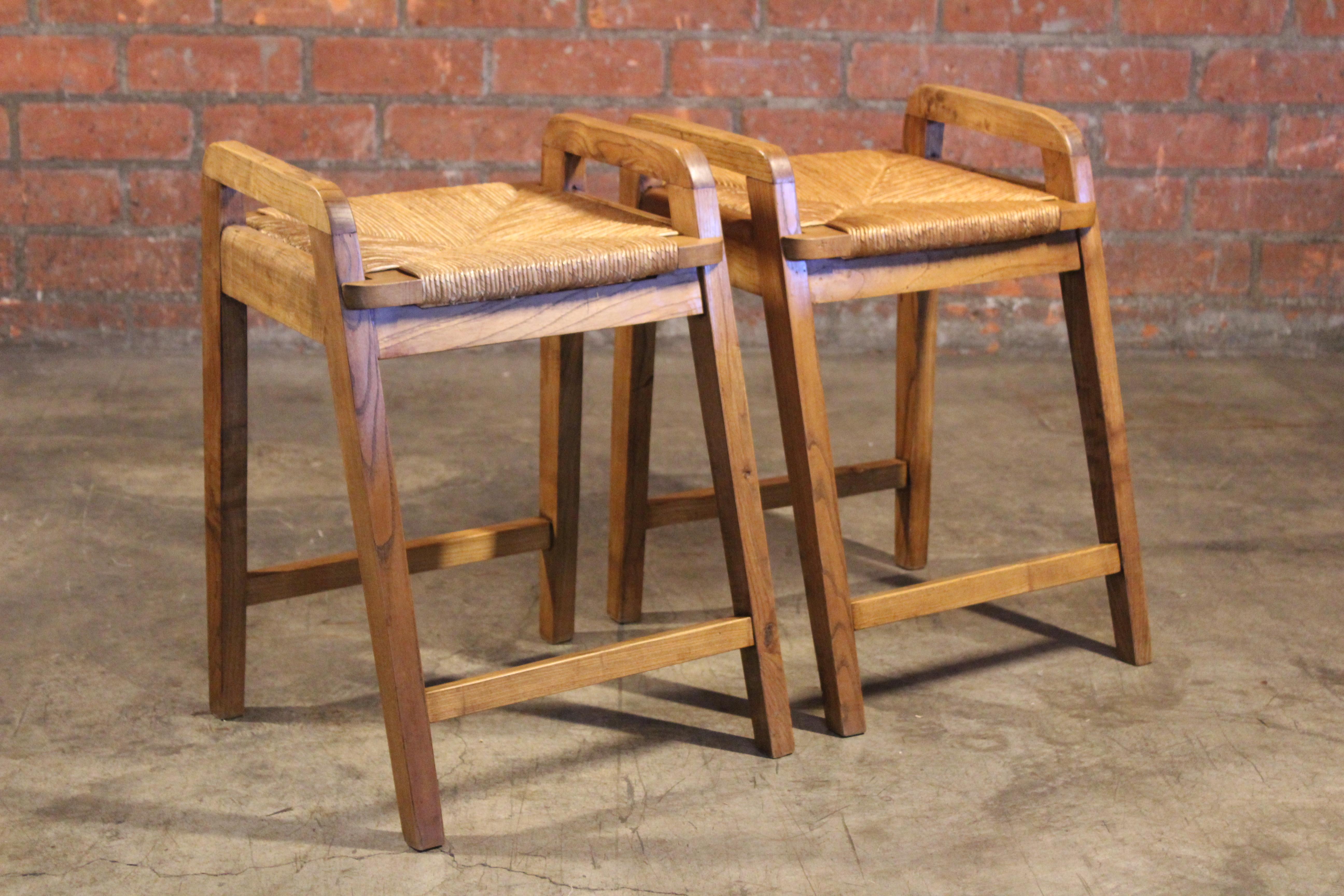 Hand-Woven Pair of Oak & Rush Stools, France, 1950s