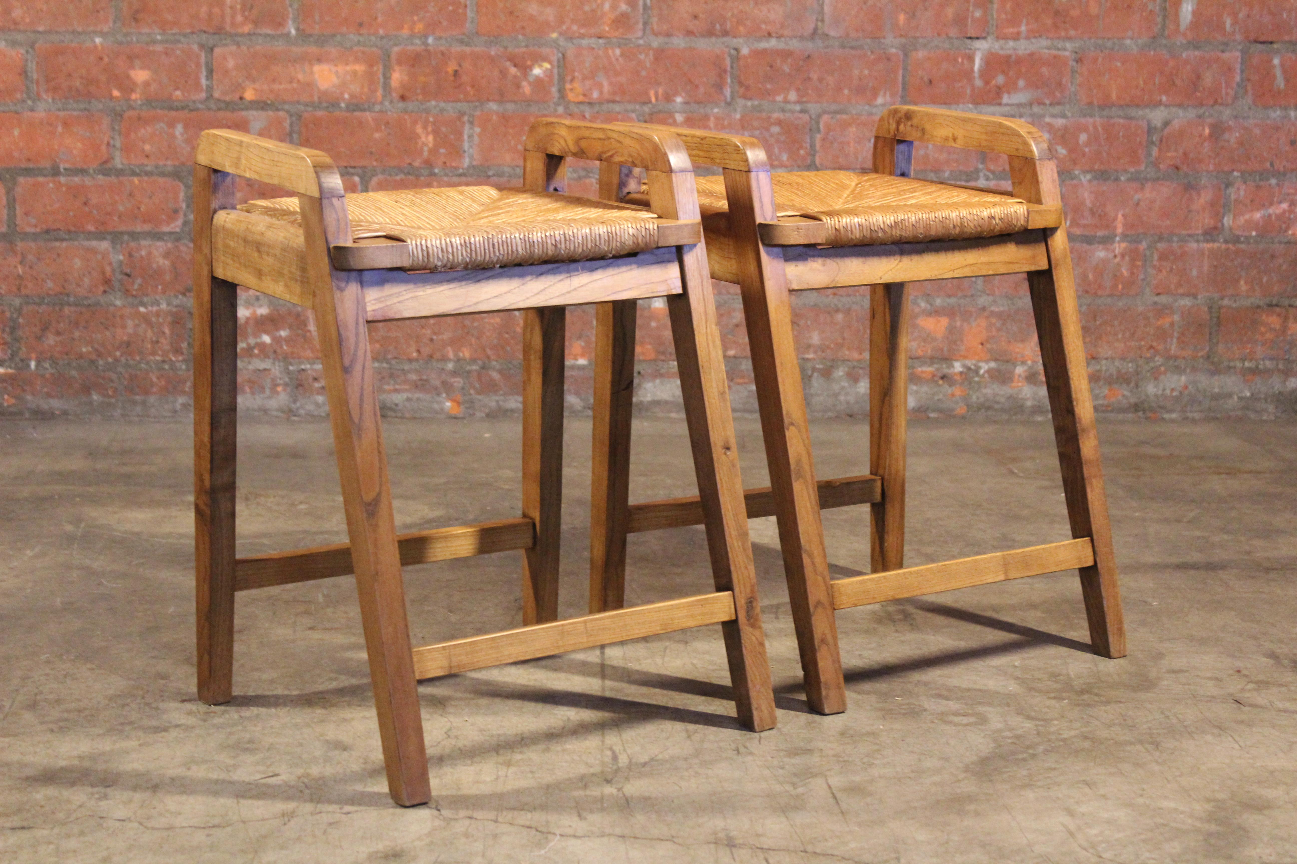Pair of Oak & Rush Stools, France, 1950s In Good Condition In Los Angeles, CA