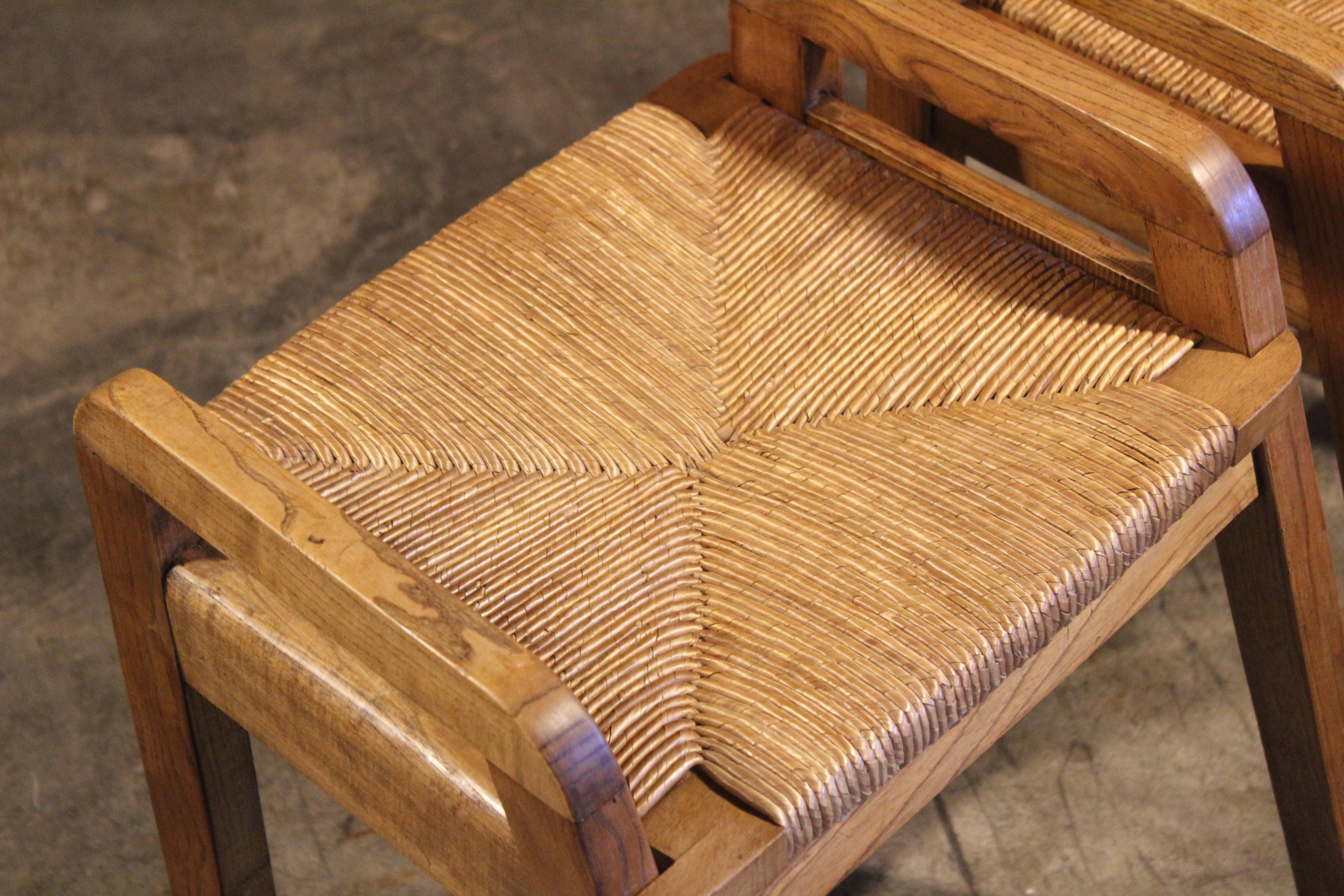 Pair of Oak & Rush Stools, France, 1950s 2