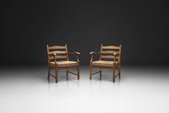 Pair of Oak Side Chairs with Rush Seats, Europe 1960s
