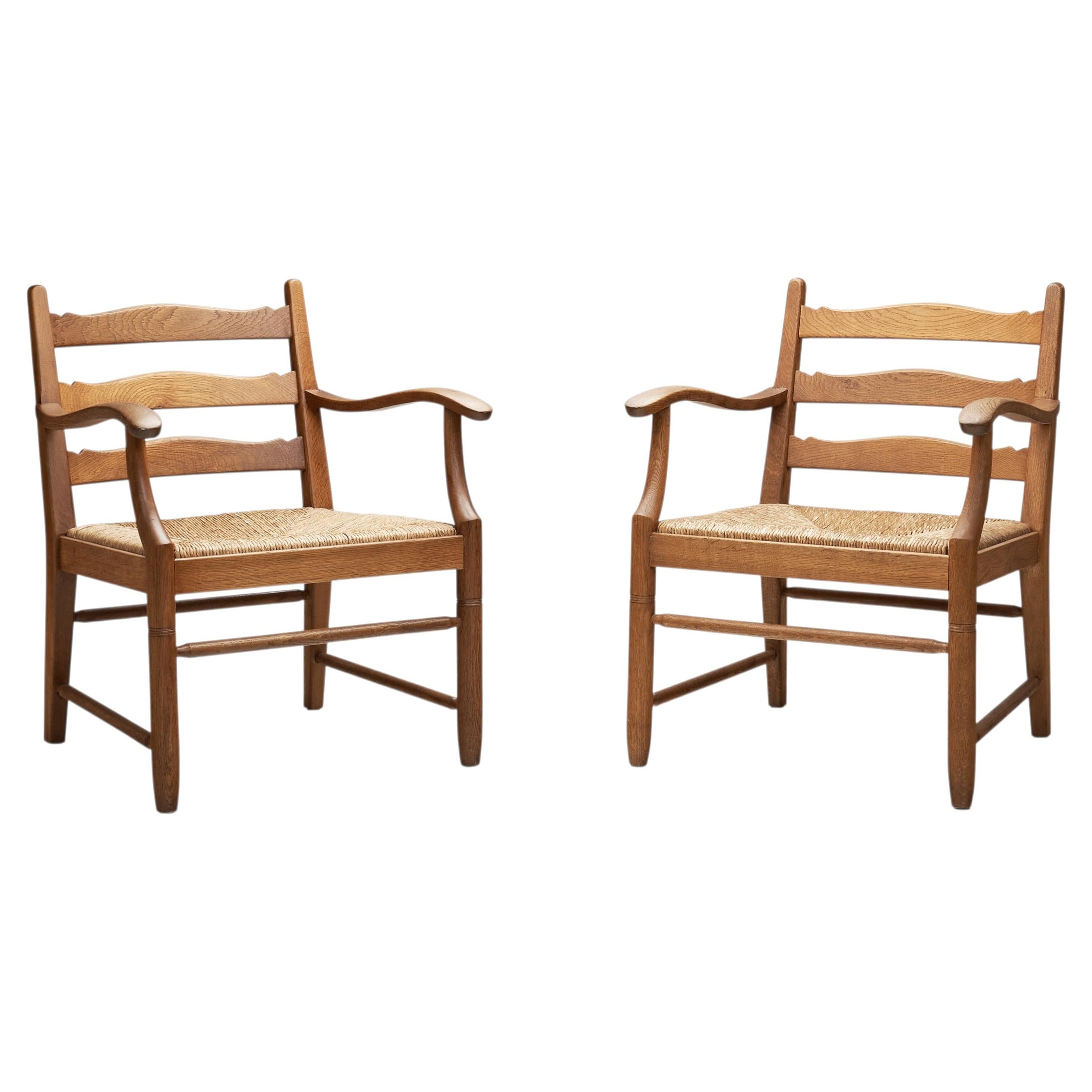 Pair of Oak Side Chairs with Rush Seats, Europe 1960s