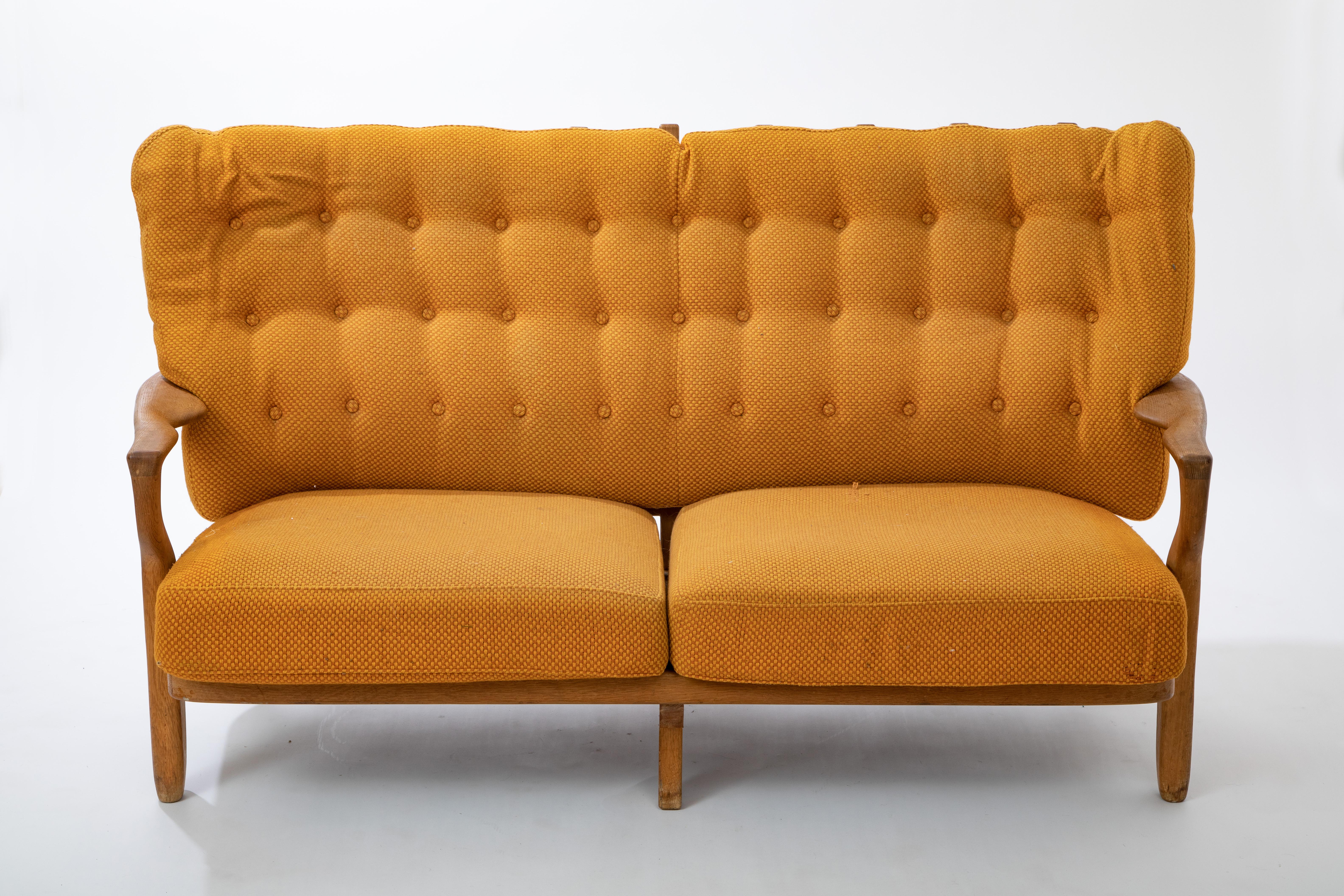Pair of oak sofas by Guillerme et Chambron, France 1960
These models are grand repos.
Sculptural organic shape, finger back.
Retains a beautiful warm patina.
These settees will need complete new upholstery by our in-house expert Upholstery