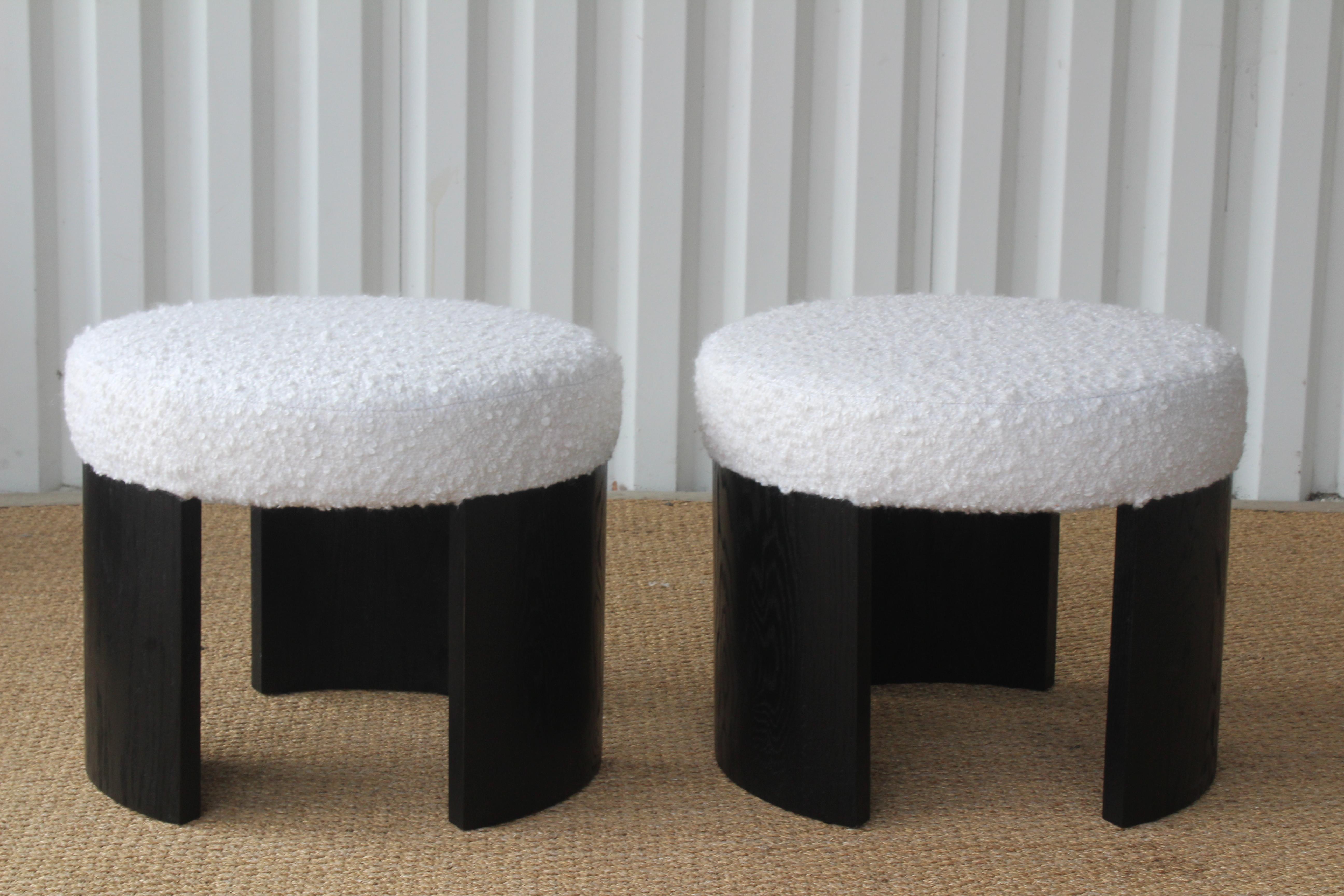 Pair of custom solid oak stools with an open grain satin black finish. New wool upholstery. Sold as a pair.