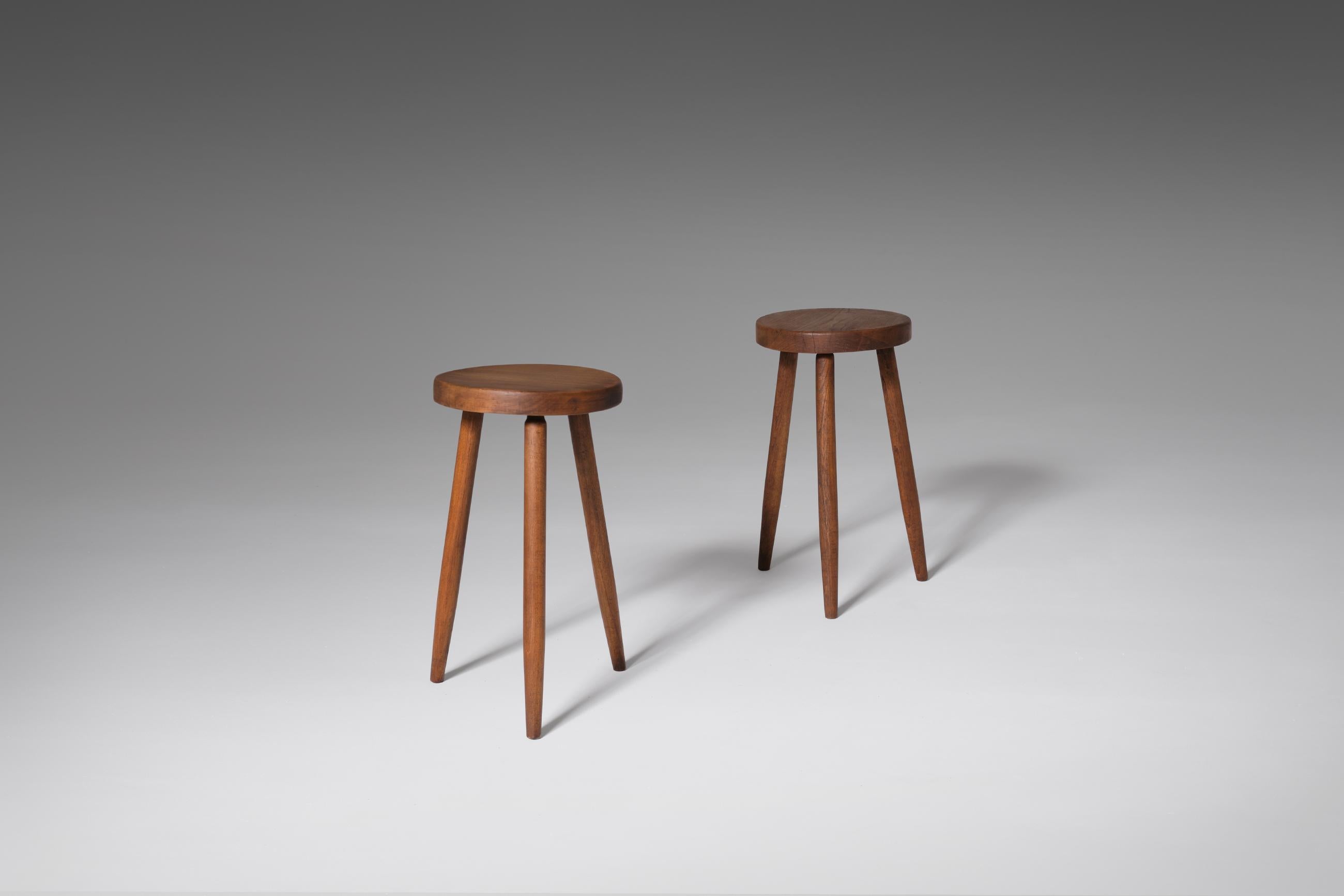 Mid-Century Modern Pair of Oak Stools with High Tapered Legs