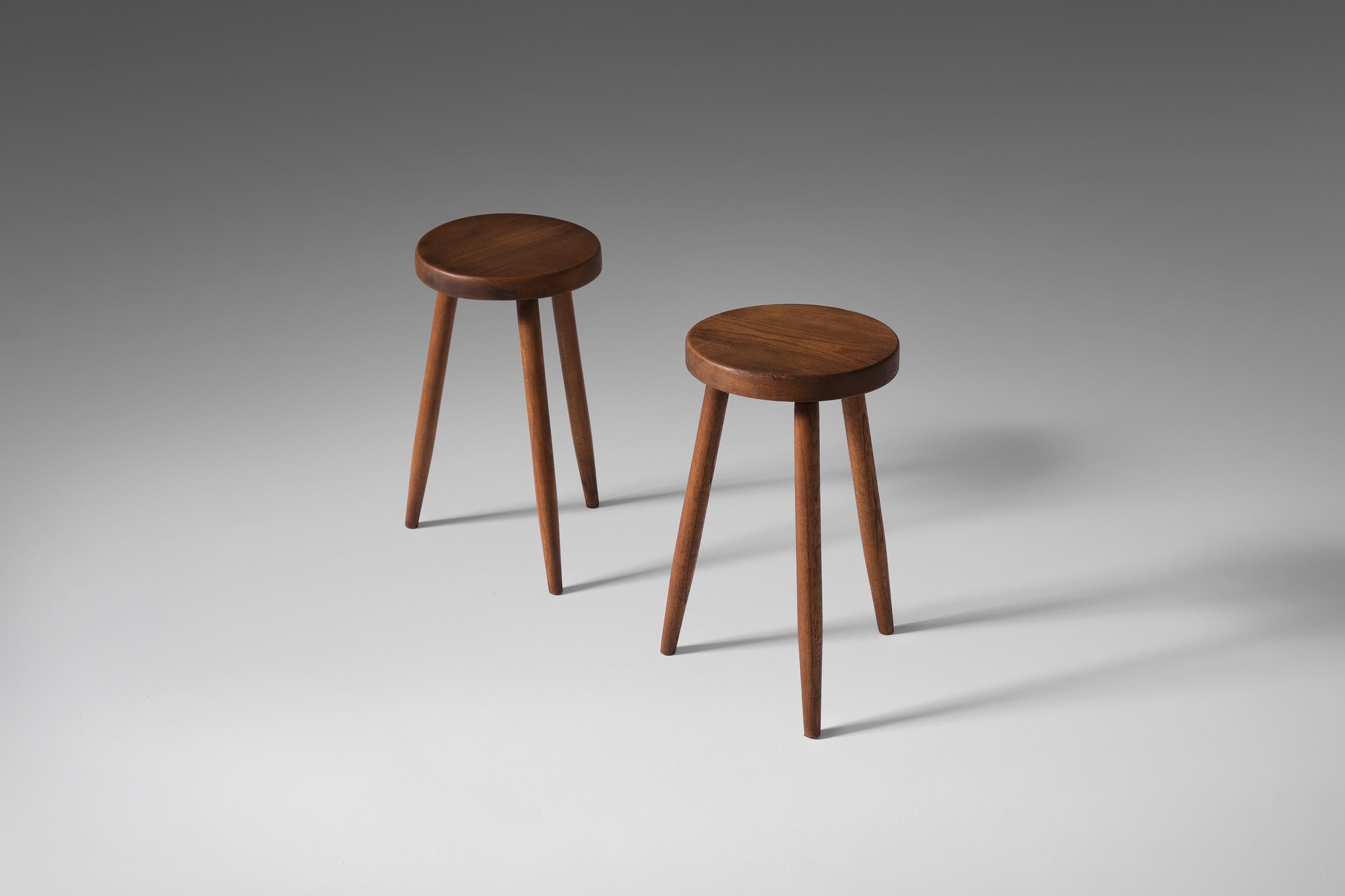 French Pair of Oak Stools with High Tapered Legs