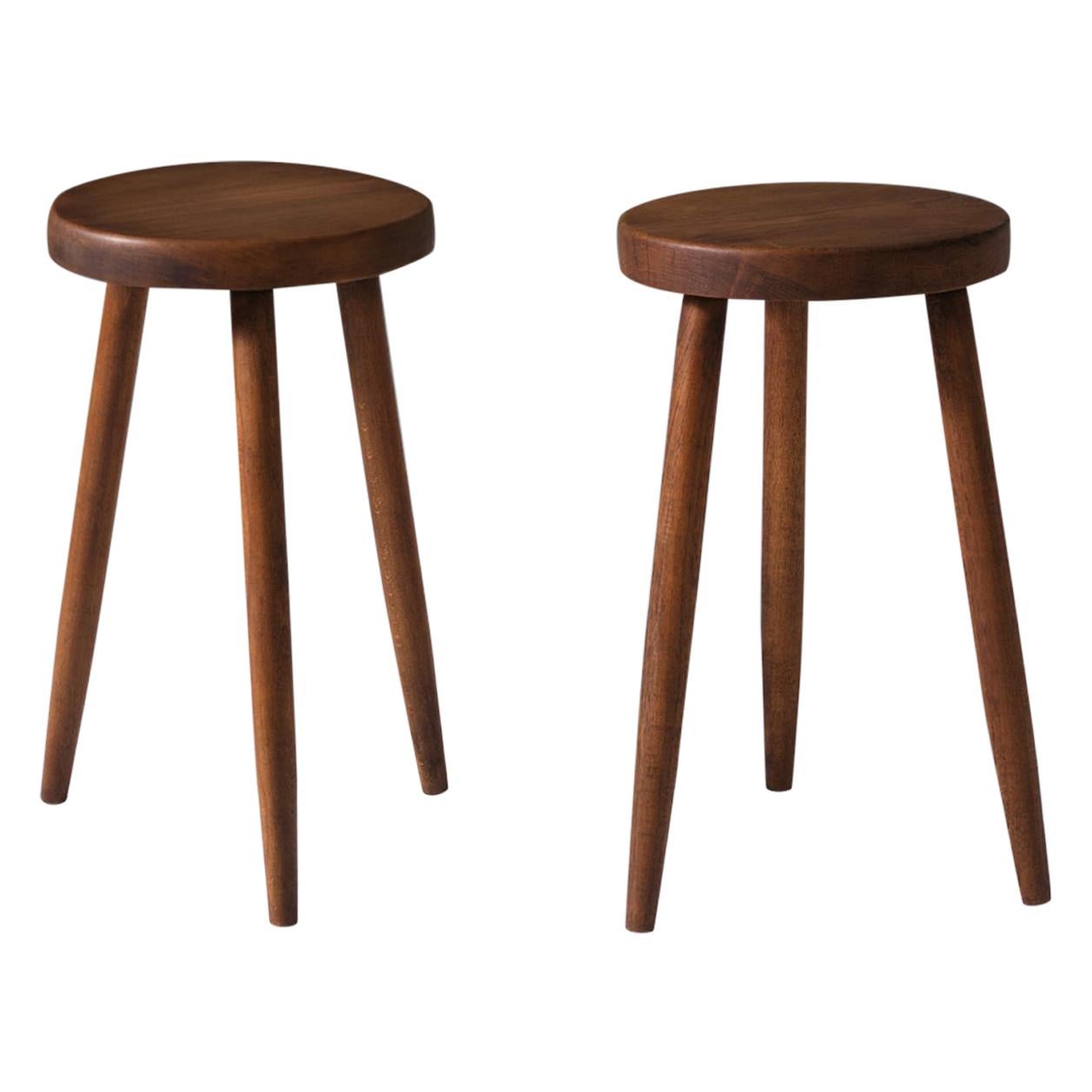 Pair of Oak Stools with High Tapered Legs