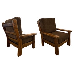 Pair of Oak & Suede Lounge Chairs, France, 1950's