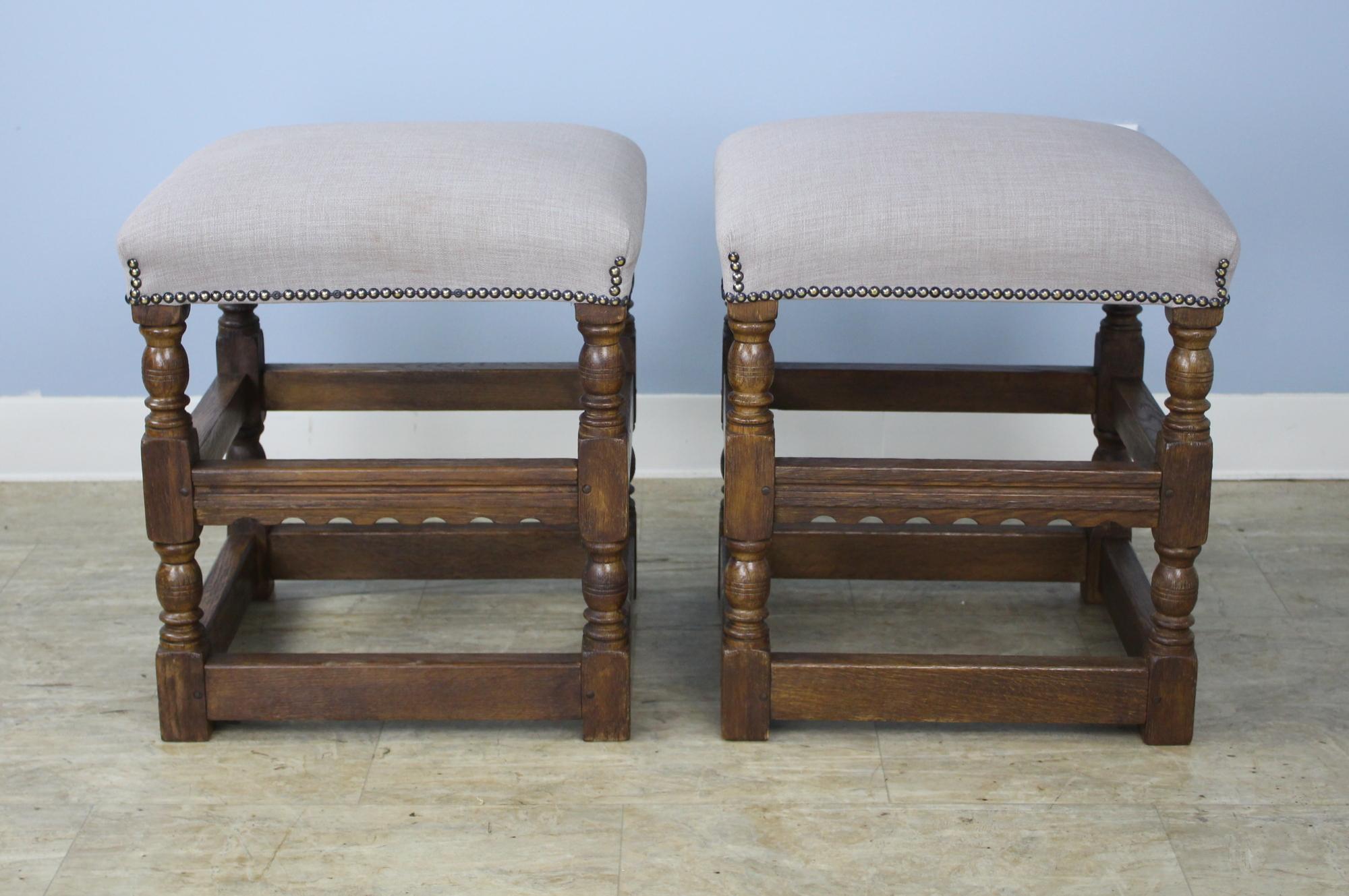 English Pair of Oak Turned Leg Stools, Newly Upholstered