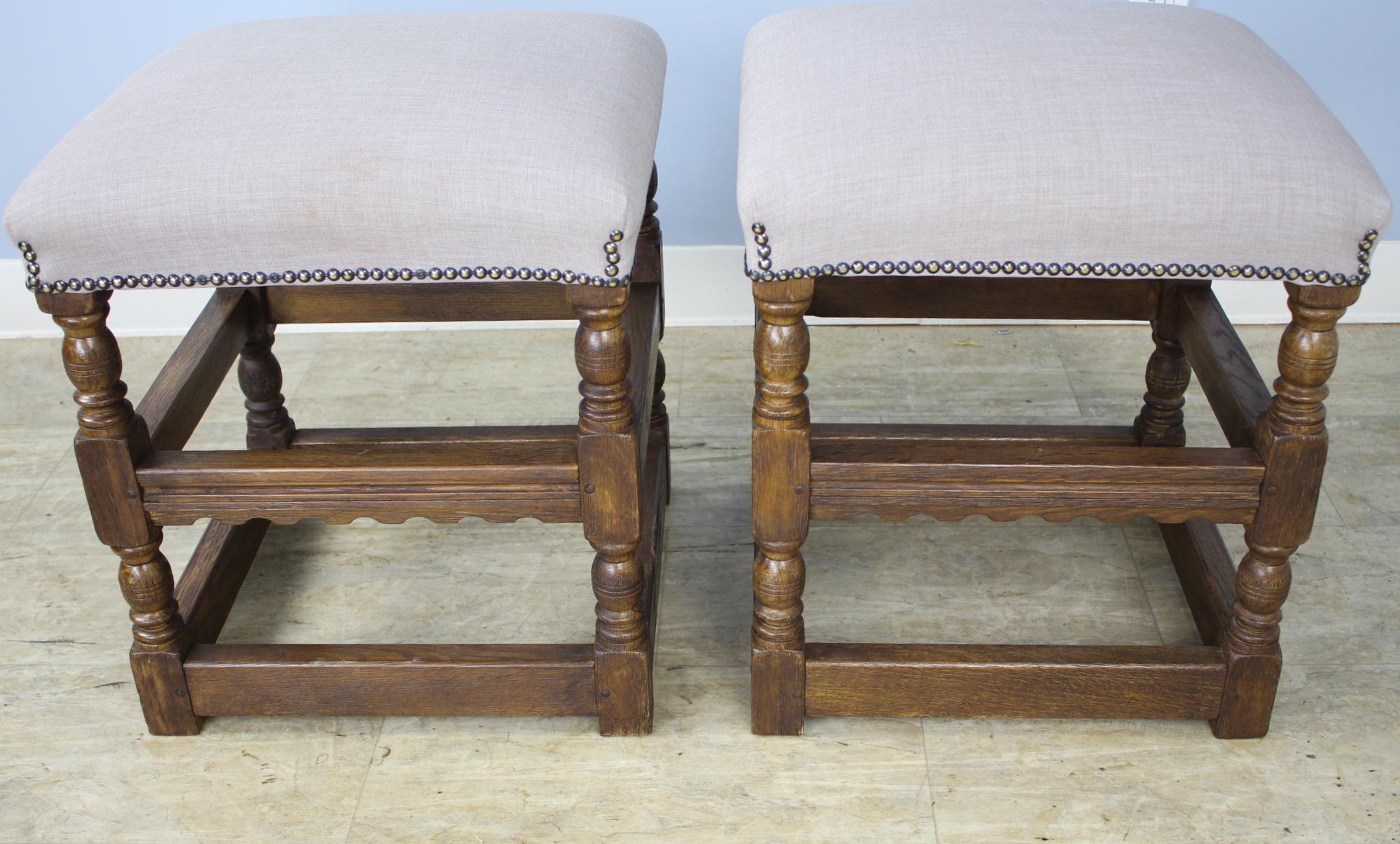 Pair of Oak Turned Leg Stools, Newly Upholstered In Good Condition In Port Chester, NY