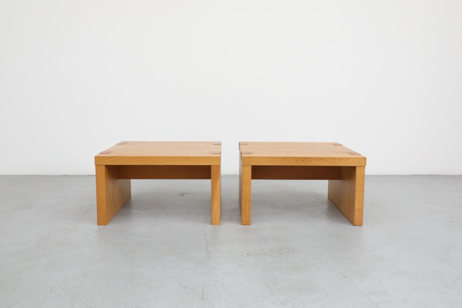 Pair of Mintjens Belgische Meubelmakers oak veneer side tables. Tables have beautiful box joints and waterfall design. In original condition with visible wear consistent with their age and use.