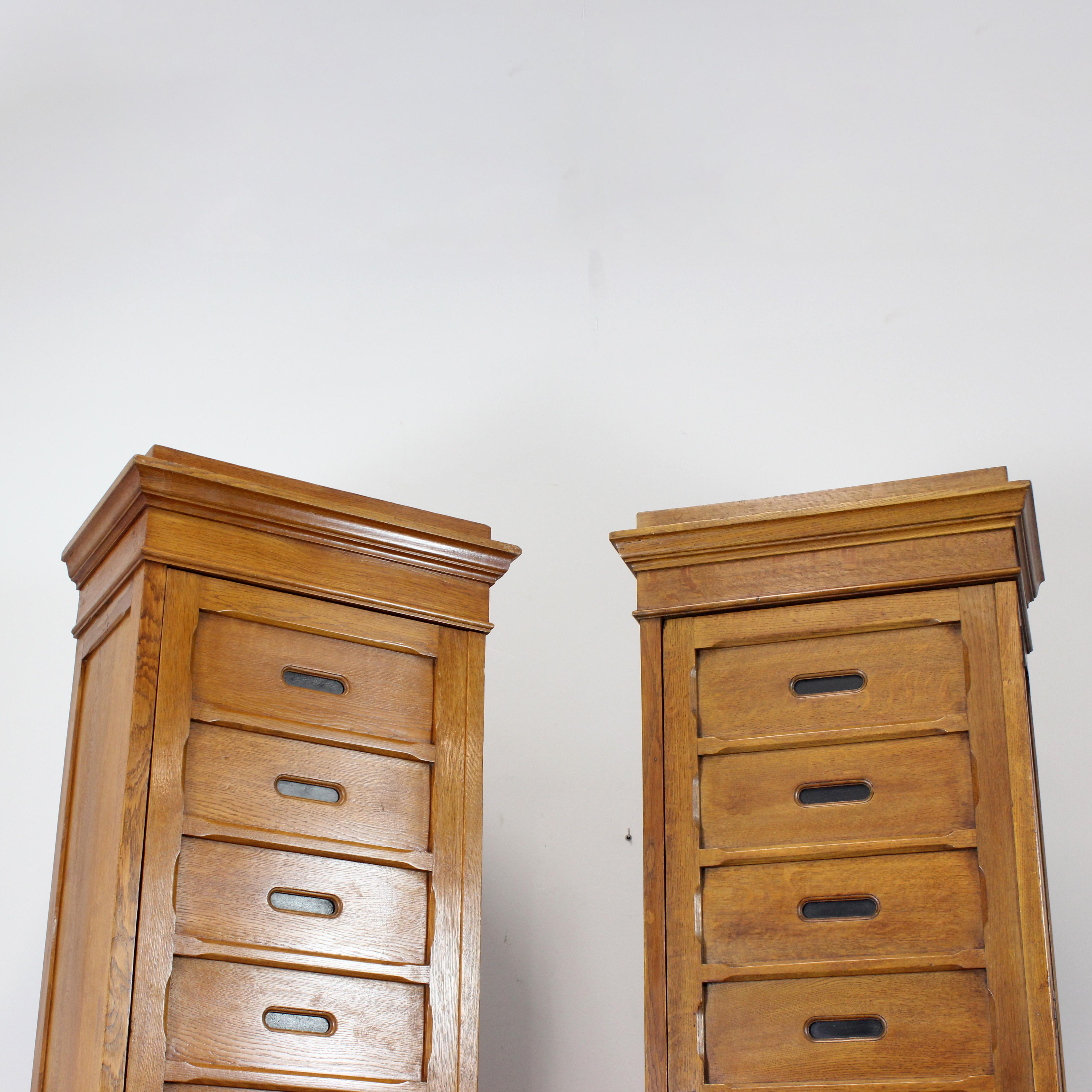 Wood Pair of oak wardrobes with doors and locks. Shelves inside (one adjustable). For Sale